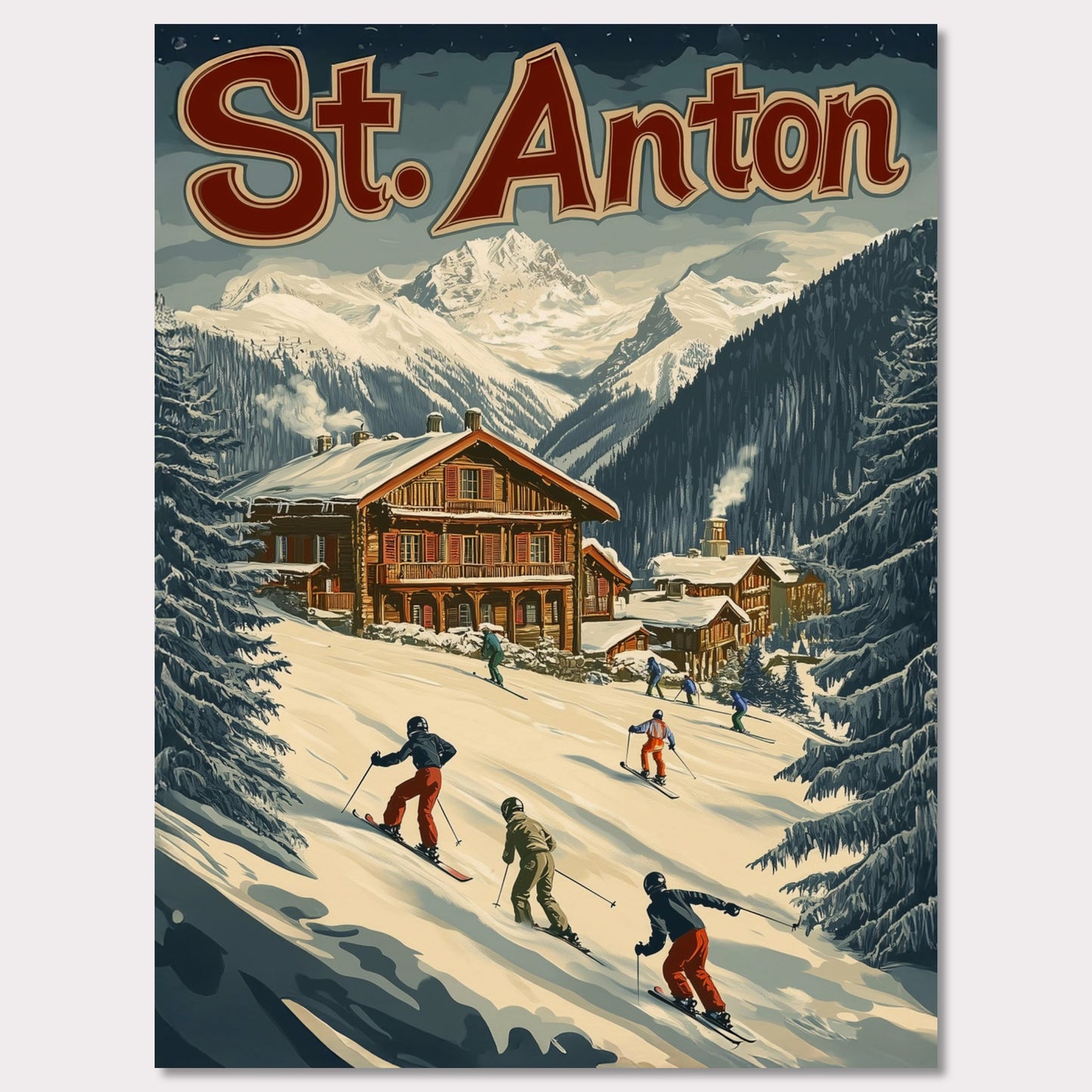 This minimalist yet striking poster captures the essence of St. Anton's alpine charm through its dynamic composition and vintage-inspired design. At the heart of the image is a group of skiers gracefully descending the snowy slopes, framed by towering evergreens and a cozy wooden chalet. The vibrant yet balanced color palette enhances the lively appeal, blending a sense of adventure and winter serenity.