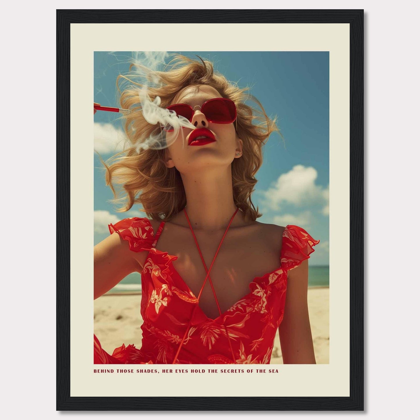 This striking image features a woman in a vibrant red dress and matching sunglasses, exuding confidence and mystery. The ocean and sky form the serene backdrop, while smoke adds an air of intrigue. The caption reads, "BEHIND THOSE SHADES, HER EYES HOLD THE SECRETS OF THE SEA."