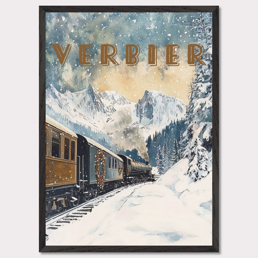 This enchanting winter poster showcases a vintage steam train winding through the snow-covered landscapes of Verbier. The train, adorned with festive wreaths, travels against a backdrop of majestic alpine peaks, tall evergreen trees, and a serene winter sky with softly falling snowflakes. The golden light filtering through the clouds adds a warm, nostalgic glow to the scene, evoking the magic of winter travel.