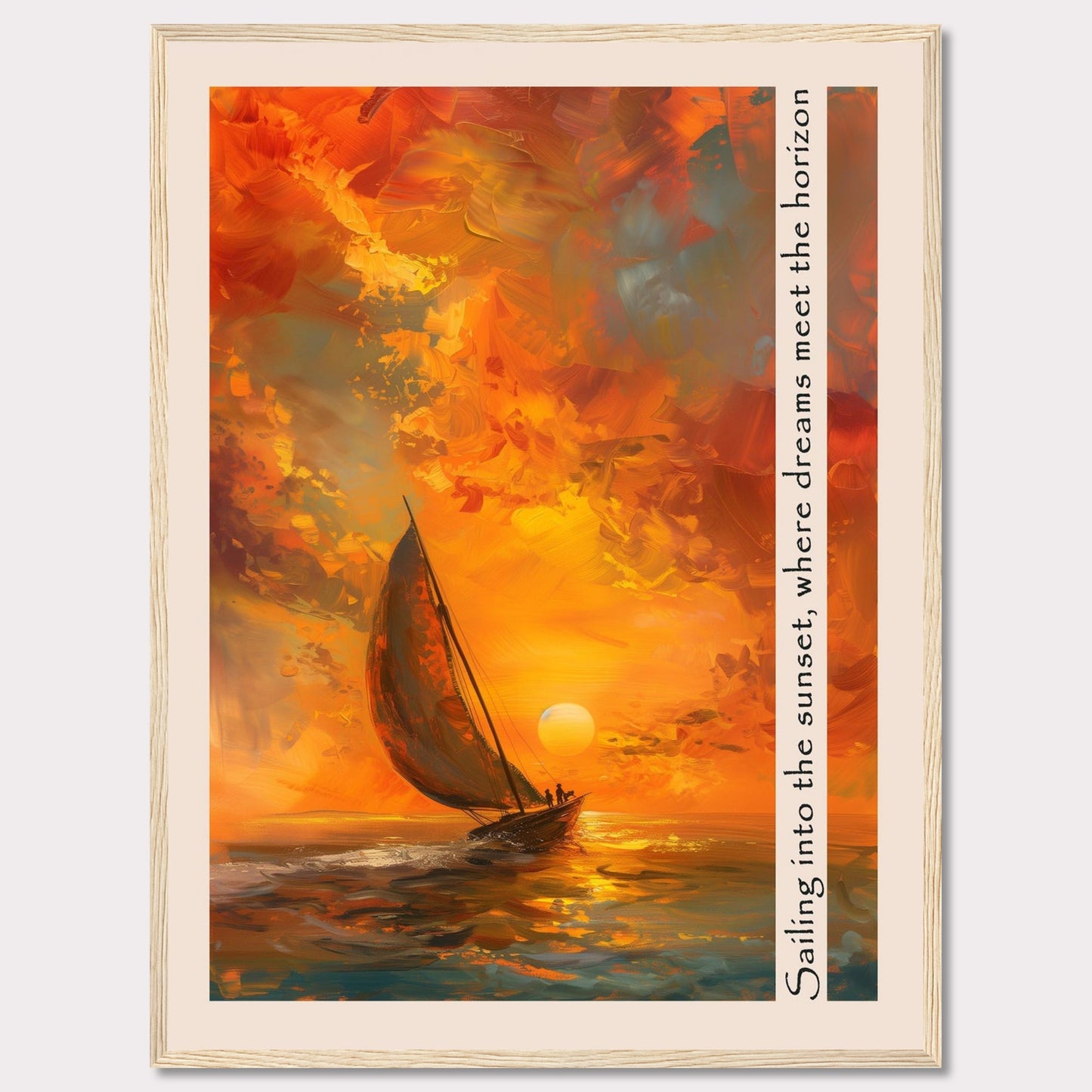 This captivating artwork depicts a sailboat gliding through the vibrant hues of a sunset, where the sky meets the sea in a harmonious blend of colors. The painting's warm tones evoke a sense of tranquility and adventure.