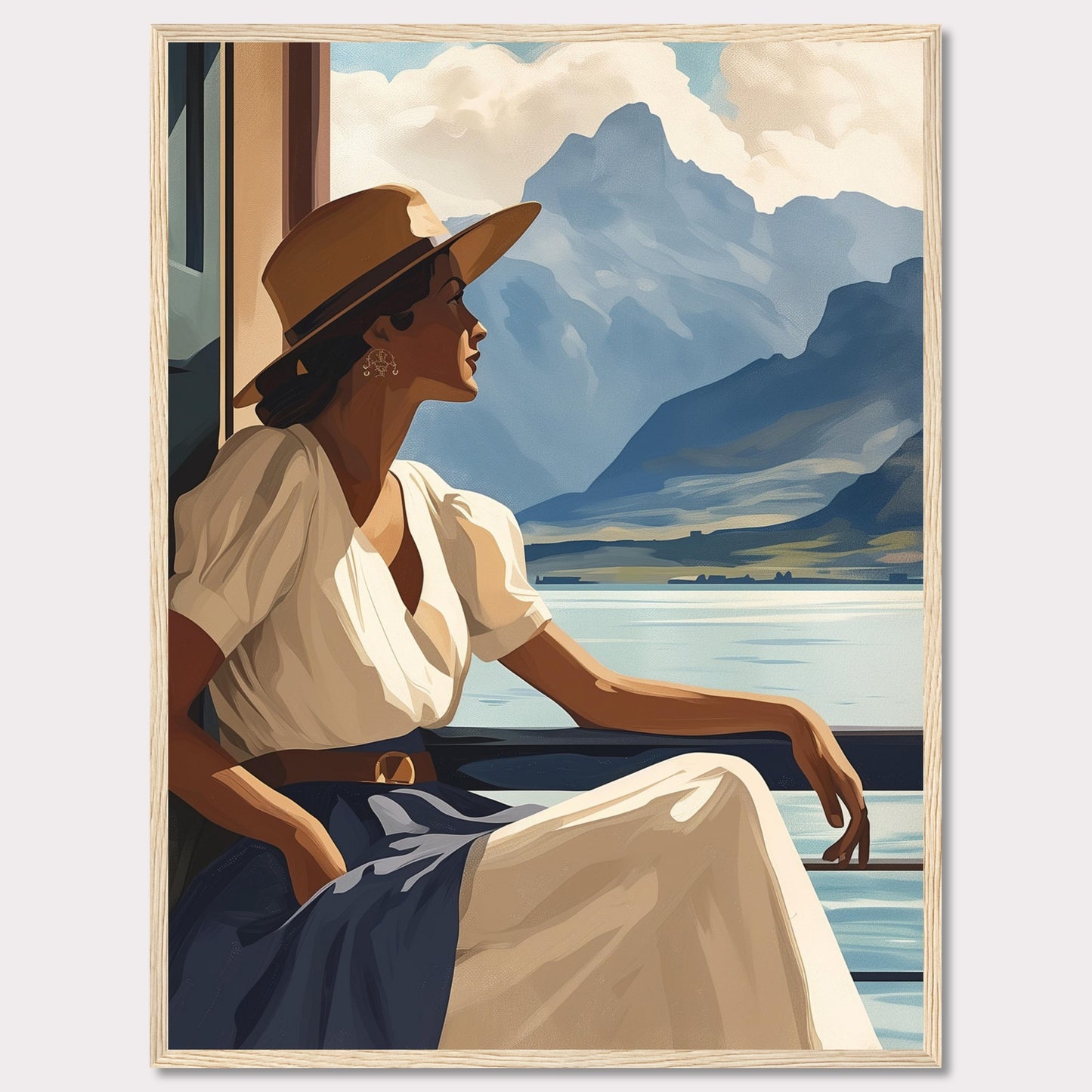 This captivating artwork features a serene woman in a white dress and wide-brimmed hat, gazing out at a tranquil lake with majestic mountains in the background. The scene evokes a sense of peace and contemplation, inviting viewers to pause and appreciate the beauty of nature.