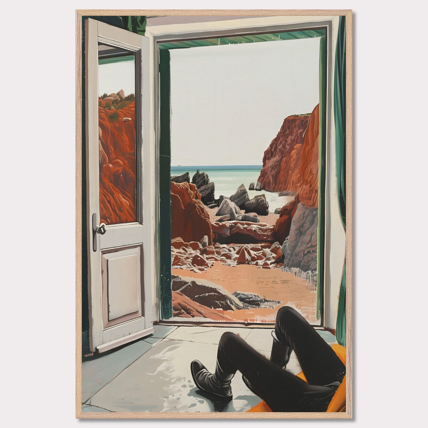 This image captures a serene view of a rocky beach through an open door. The scene is framed by the interior of a room where a person is seated, legs stretched out, possibly relaxing and enjoying the view.