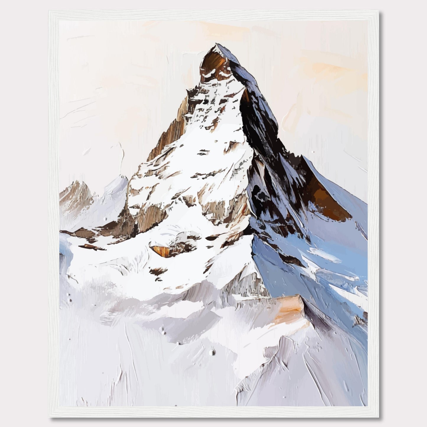 This image showcases a striking painting of a snow-covered mountain peak, likely inspired by the majestic Matterhorn. The artwork features bold brush strokes and a mix of white, brown, and blue hues, capturing the rugged beauty of the alpine landscape.