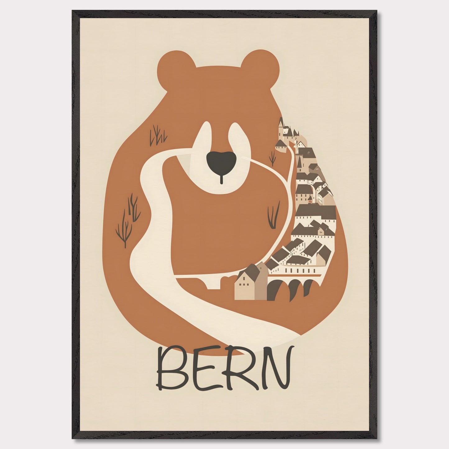 This charming poster features a stylized depiction of Bern, Switzerland, where the iconic bear—symbol of the city—seamlessly merges with the winding streets and historic architecture. The earthy tones and minimalist design evoke a sense of warmth and tradition, reflecting the city's rich history and natural surroundings.