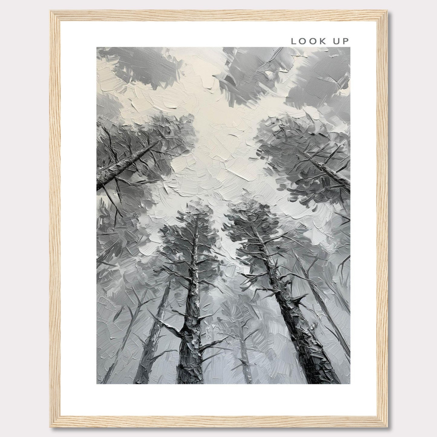 This image depicts an artistic rendering of tall trees viewed from the ground looking up, creating a sense of depth and wonder. The artwork is framed in black with the words "LOOK UP" at the top right corner.