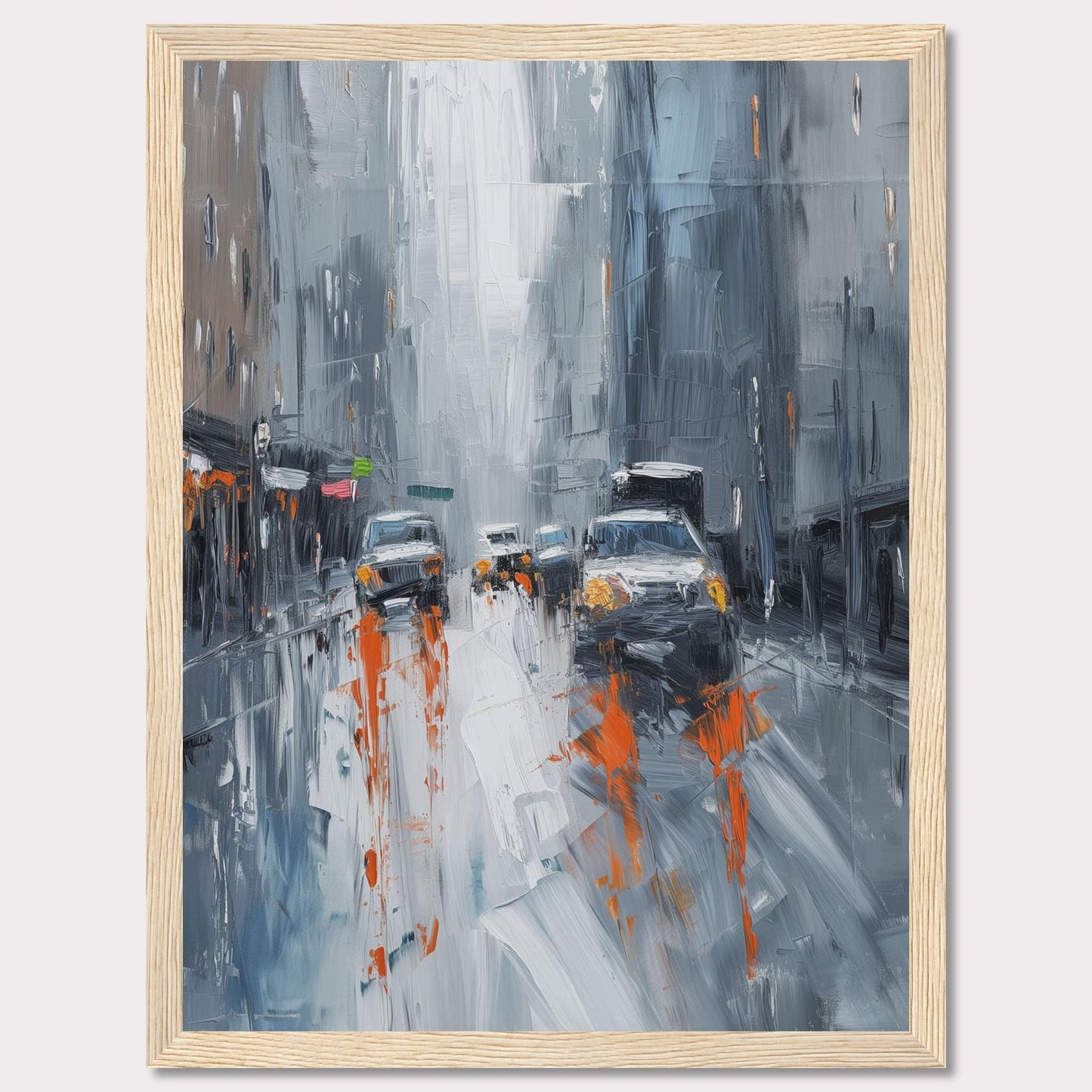 This captivating painting portrays a rainy city street with cars and buildings enveloped in a misty atmosphere. The artist uses bold brushstrokes and a muted color palette with pops of orange to depict the bustling urban scene.