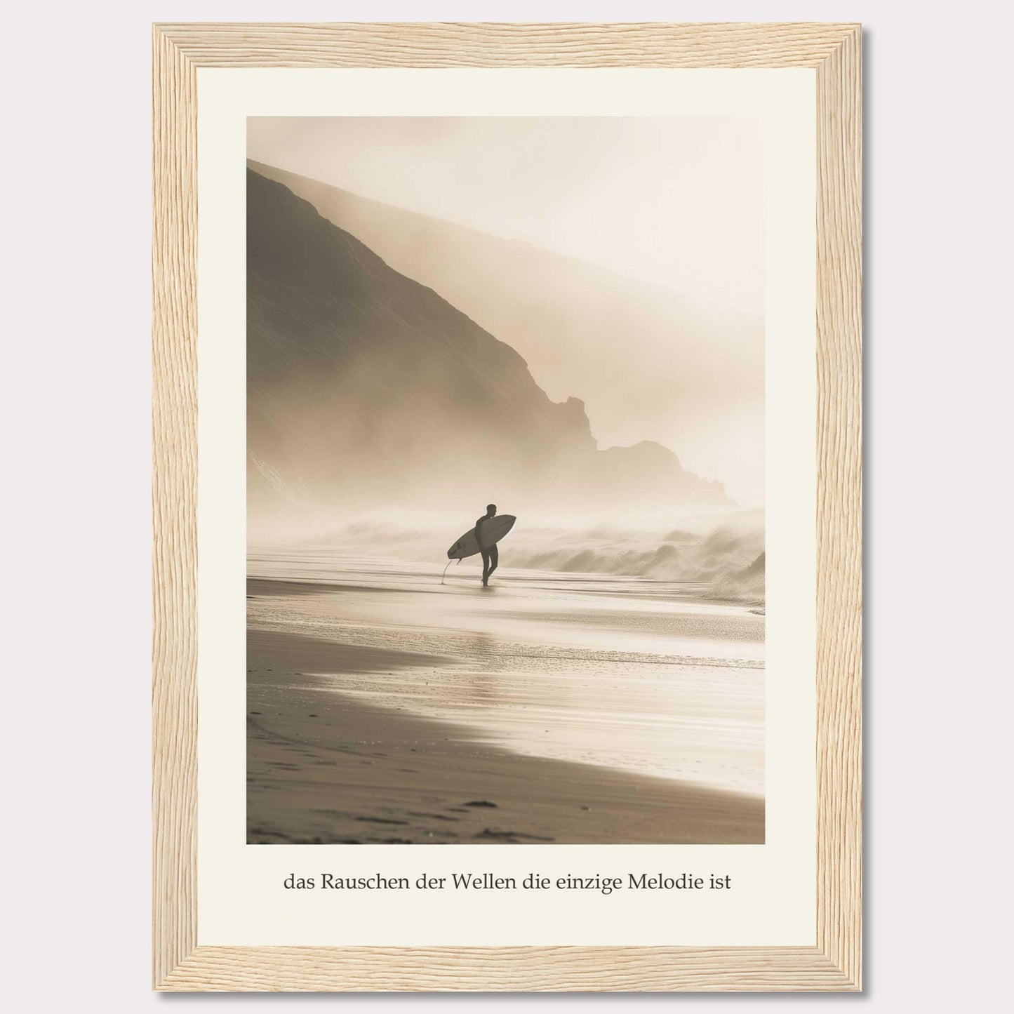 This captivating photograph captures a lone surfer walking along a misty beach, surfboard in hand, with towering cliffs in the background.