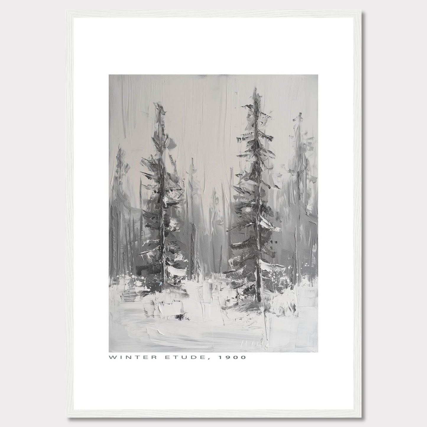 This image showcases a framed painting titled "Winter Etude, 1900". The artwork depicts a serene winter landscape with two prominent trees standing tall amidst a snowy backdrop. The painting is done in grayscale, emphasizing the cold and tranquil atmosphere of winter.