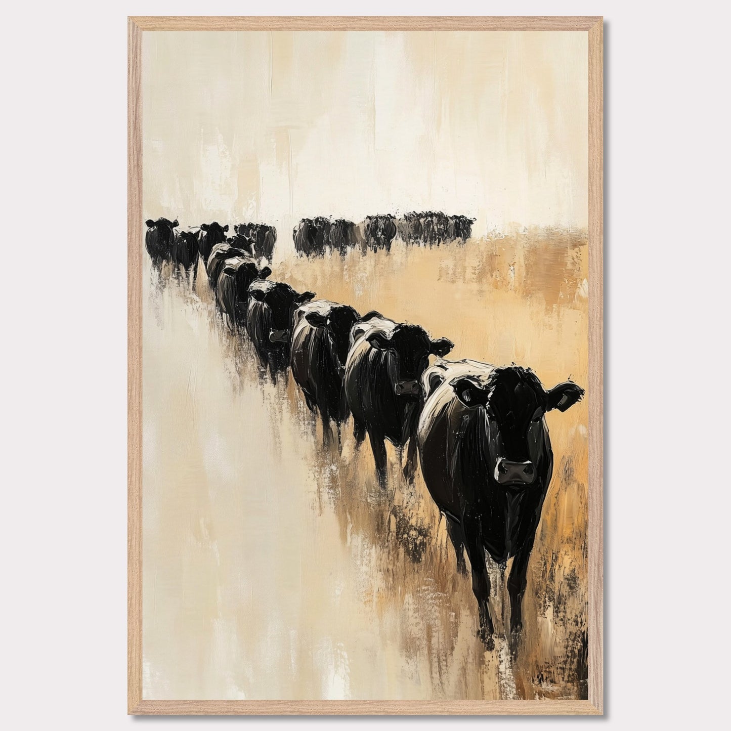 This captivating artwork portrays a herd of black cows walking in a line across a serene, golden field. The abstract brush strokes and muted color palette evoke a sense of calm and tranquility.