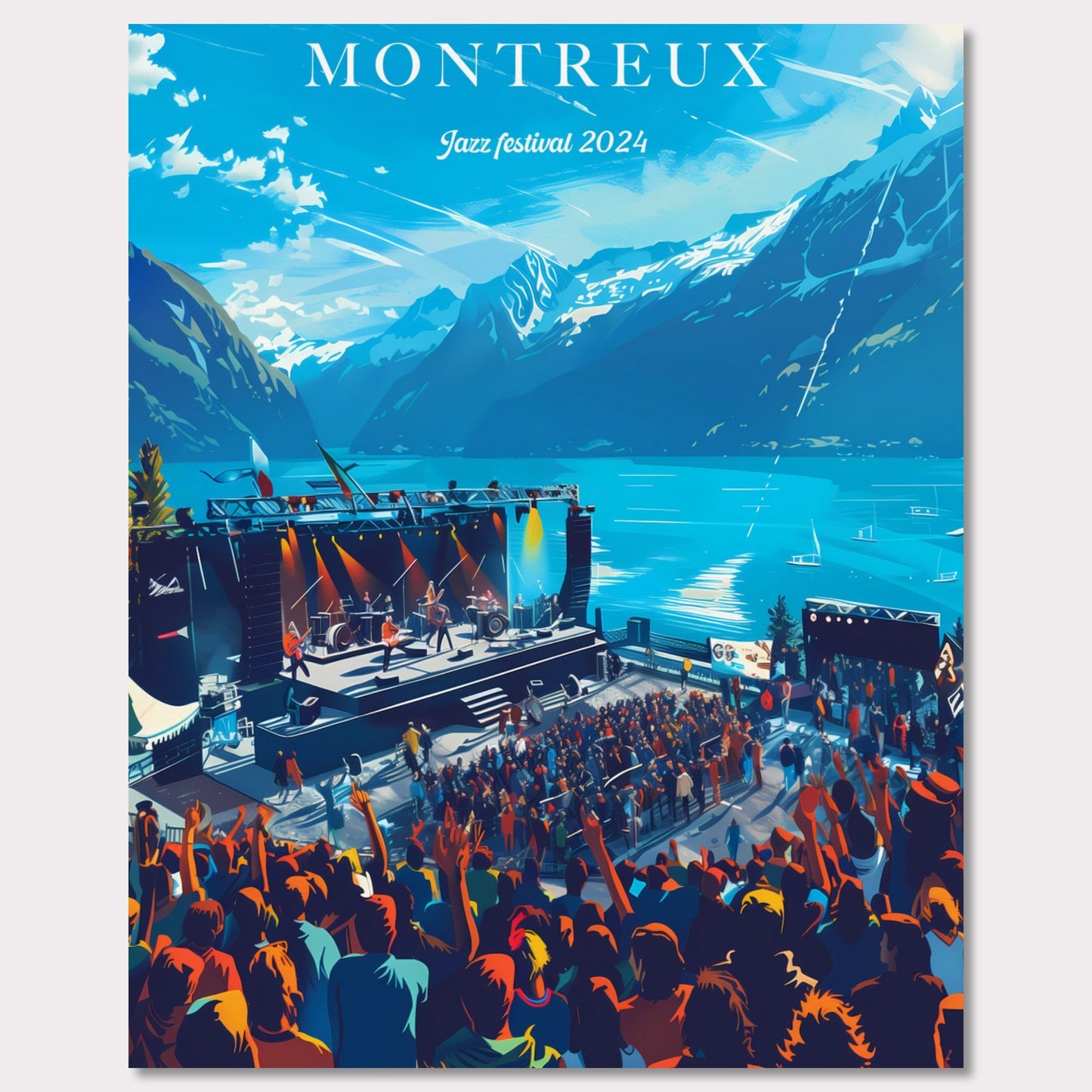 This vibrant poster showcases the Montreux Jazz Festival 2024, set against the stunning backdrop of Lake Geneva and the Swiss Alps. The image features a lively crowd enjoying a performance on an outdoor stage, with musicians playing under a clear blue sky.