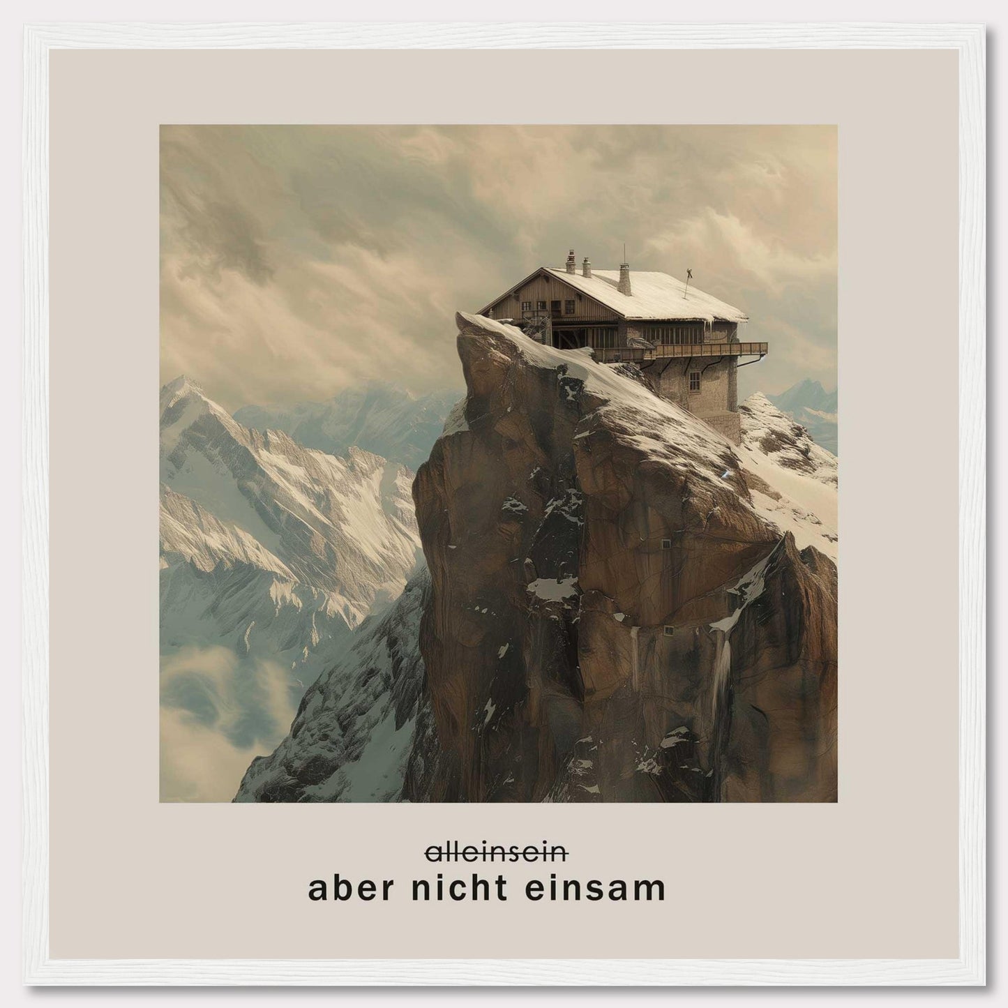 This image depicts a solitary house perched on a rugged, snow-covered mountain peak with a dramatic backdrop of towering mountains and a cloudy sky. The German text below the image reads "aber nicht einsam," which translates to "but not lonely."