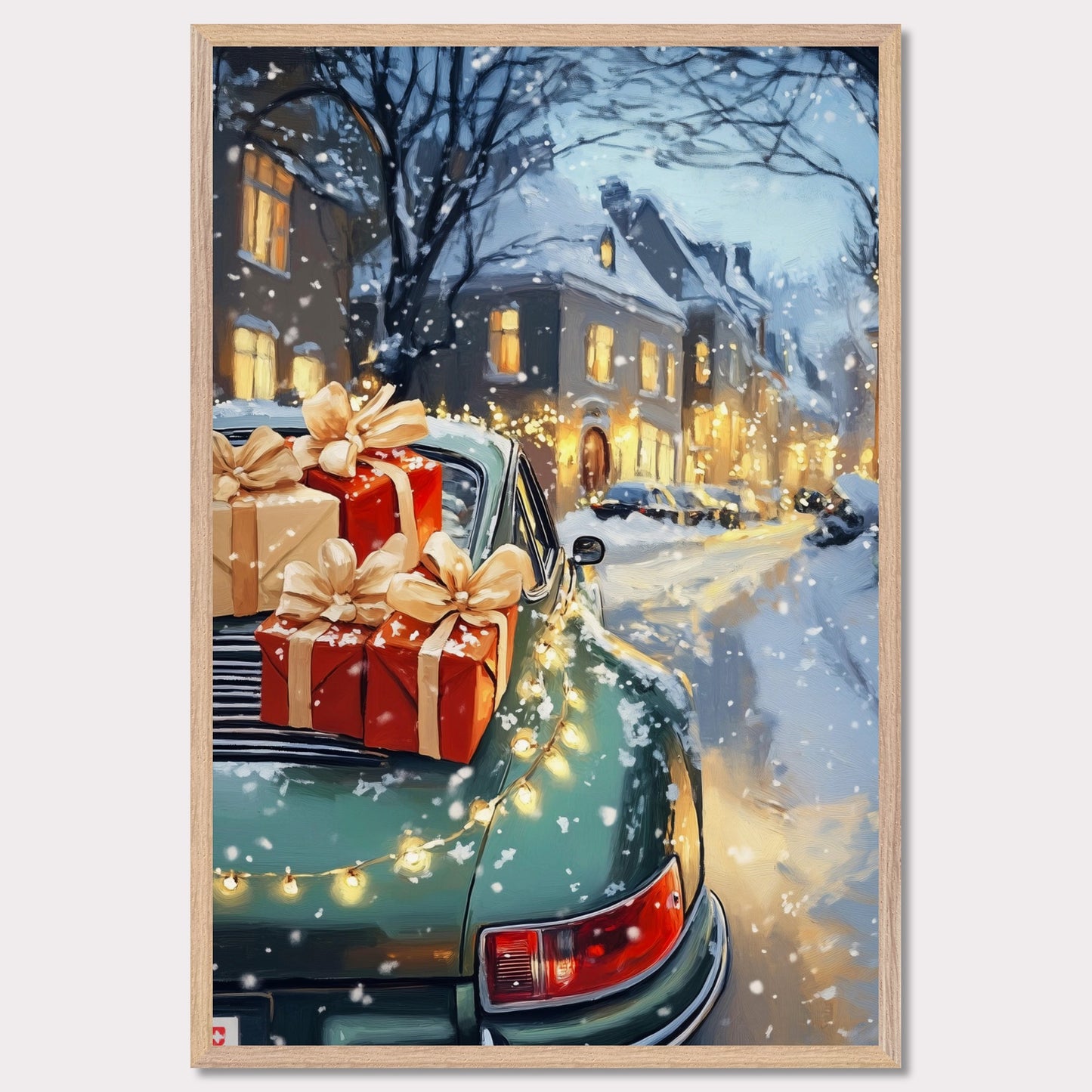 A cozy Christmas scene in Switzerland is captured in this enchanting poster. The focus is a beautiful Christmas tree adorned with lights, set in the heart of a charming town covered in snow. A Porsche, with festive gifts on the roof, adds a touch of luxury to this idyllic winter setting. The vintage typography "Christmas in Switzerland" evokes a sense of nostalgia and warmth, making it the perfect holiday decoration.