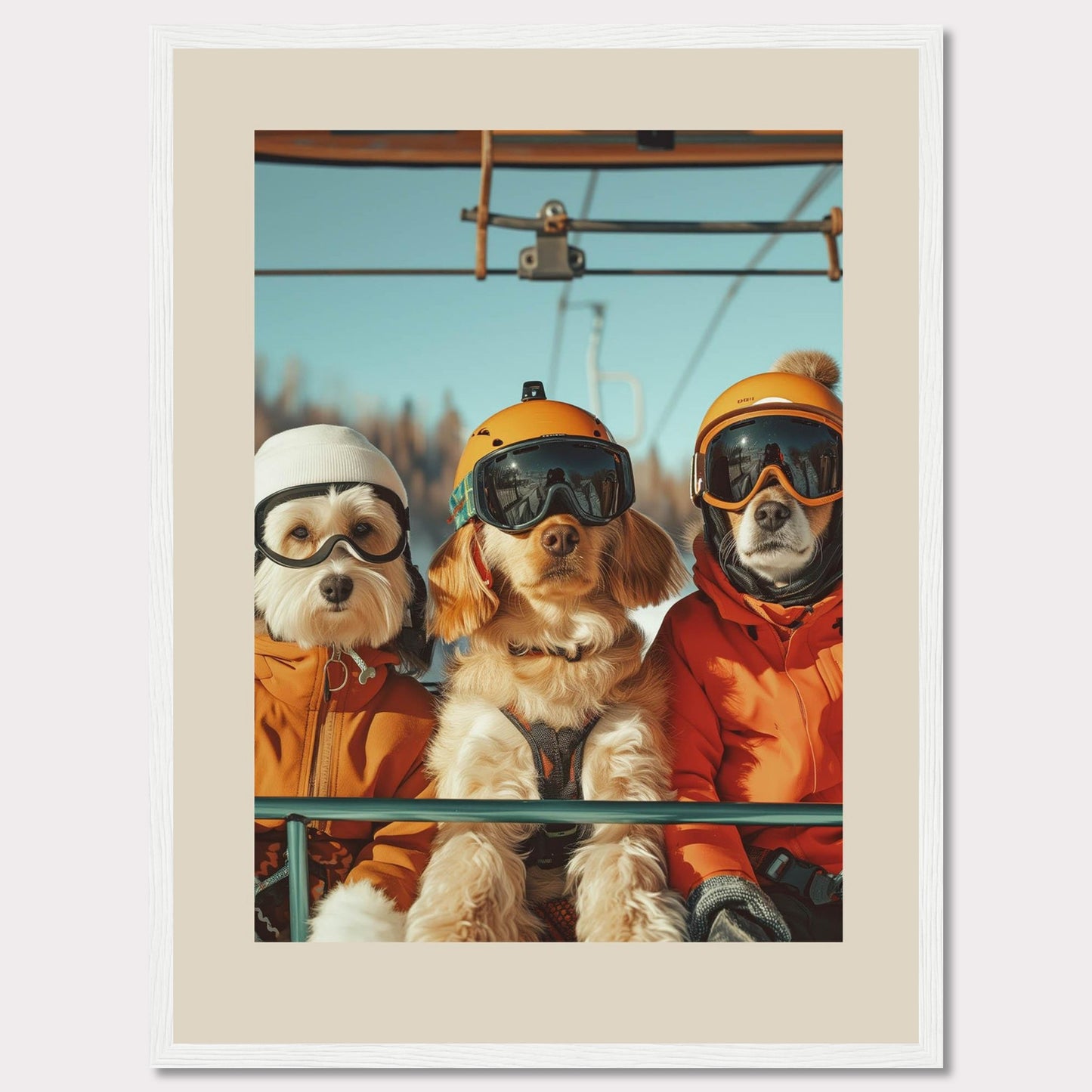 This charming photo features three adorable dogs dressed in winter gear, complete with helmets and goggles, enjoying a ride on a ski lift. The bright blue sky and snowy background add to the fun and adventurous atmosphere.