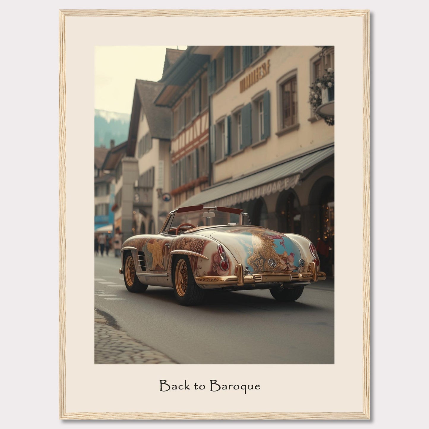 This captivating image showcases a vintage car adorned with intricate Baroque-style artwork, driving through a quaint European street lined with charming buildings. The scene is set against a backdrop of mountains, adding to the picturesque atmosphere.