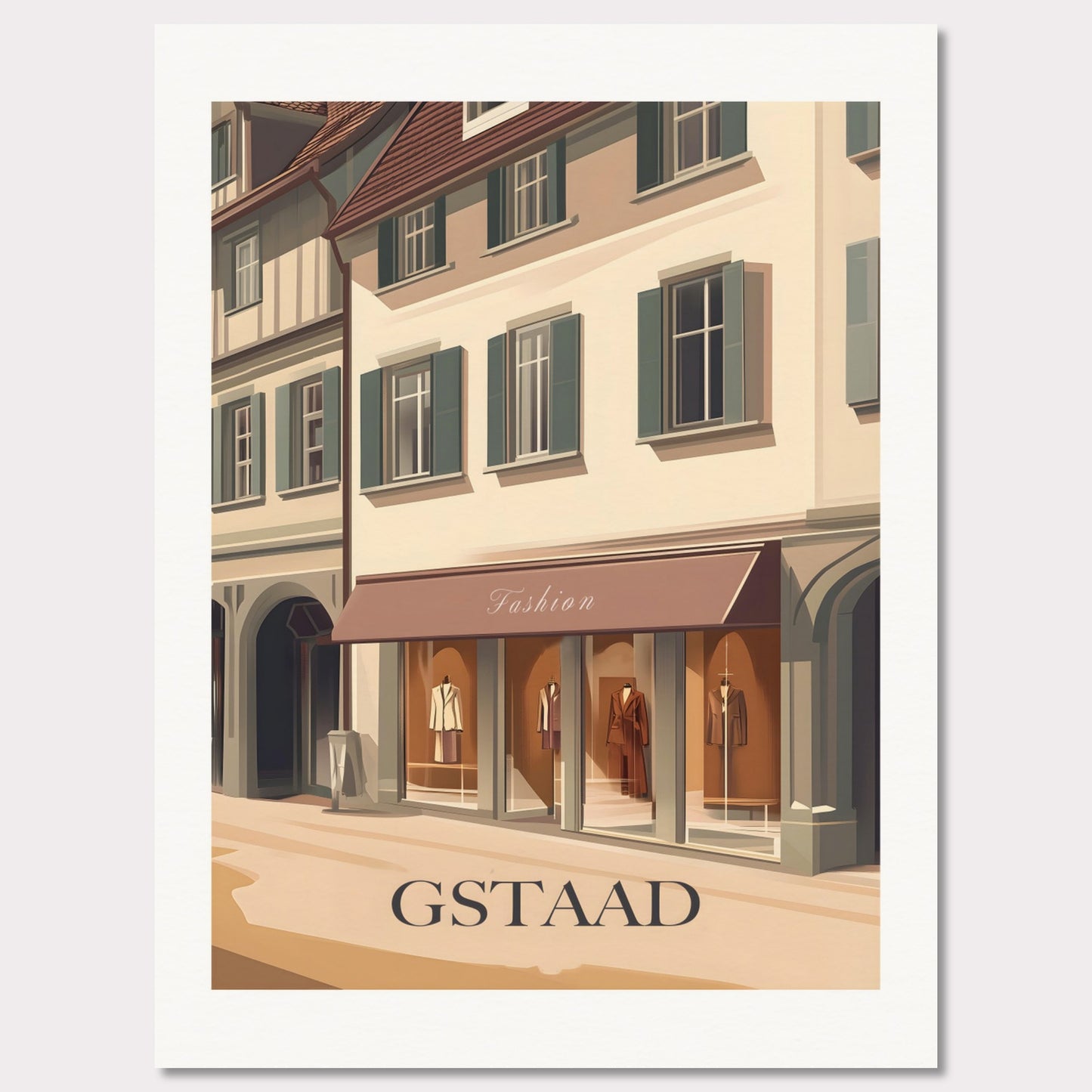 A stylish poster capturing the elegant shopping experience in Gstaad. The charming streets lined with high-end boutiques create an atmosphere of exclusivity and sophistication.