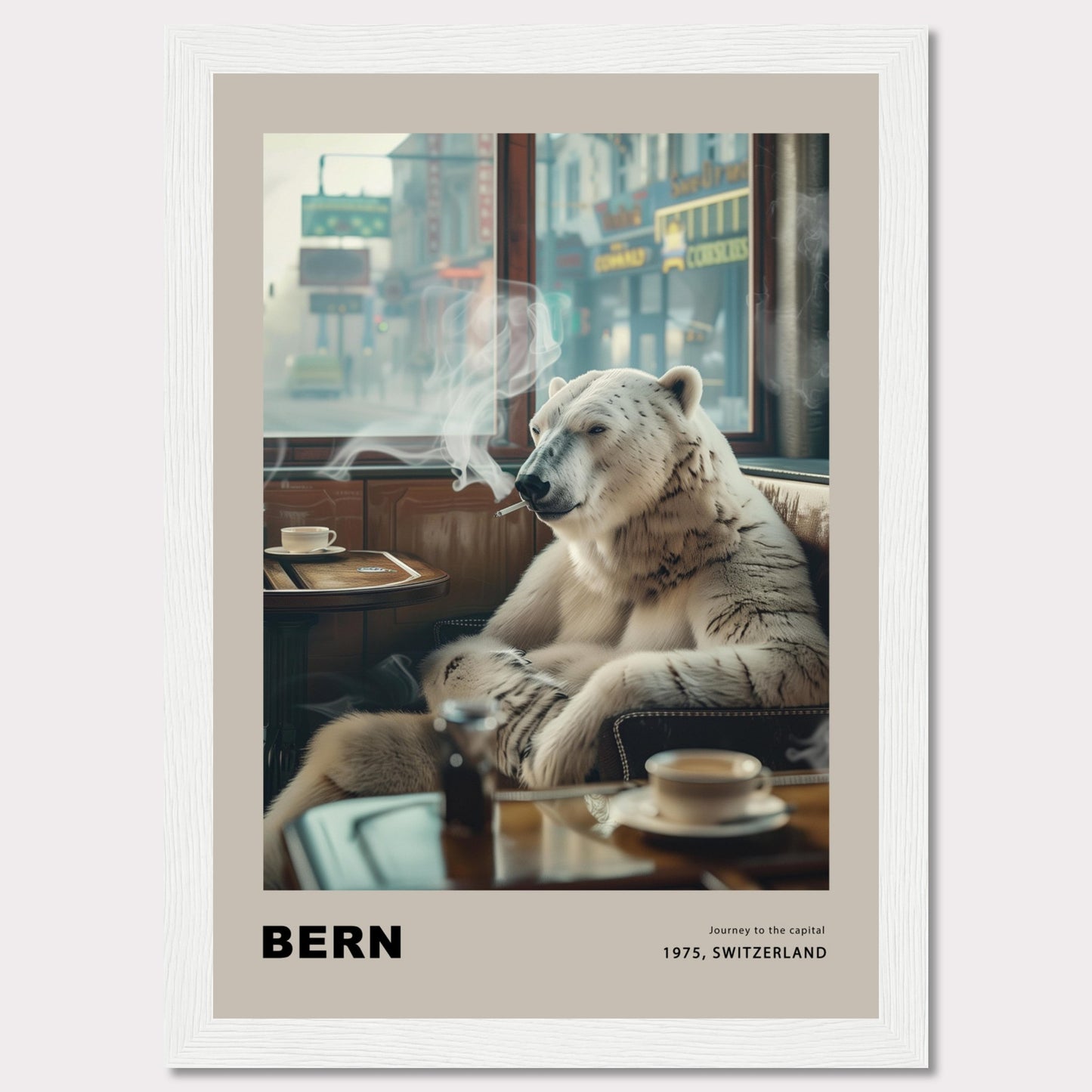 This intriguing poster features a polar bear sitting comfortably in a café, smoking a cigarette. The scene is set against a backdrop of a bustling city street, with shops and signs visible through the window. A cup of coffee sits on the table in front of the bear, adding to the relaxed atmosphere. The text at the bottom reads "BERN" with the caption "Journey to the capital, 1975, Switzerland."