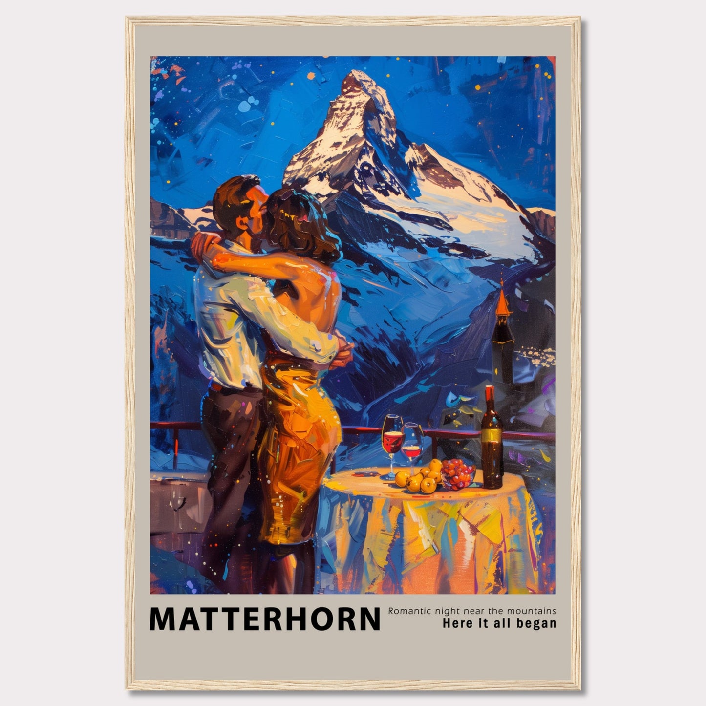 A romantic painting depicting a couple embracing near the Matterhorn mountain.