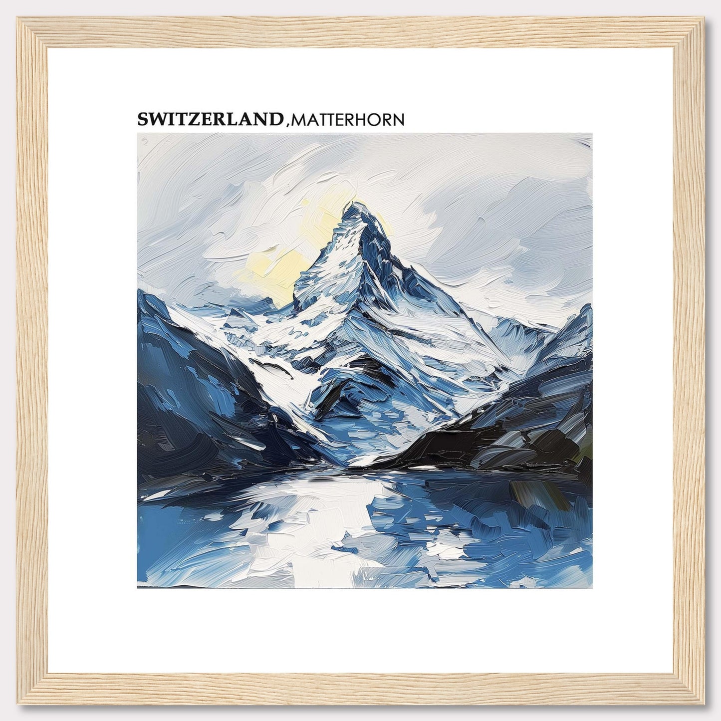 This image showcases a stunning painting of the Matterhorn in Switzerland. The artwork captures the majestic peak with its snow-covered slopes, surrounded by rugged mountains and reflected in a serene lake below. The sky is painted with soft hues, adding a touch of tranquility to the scene.