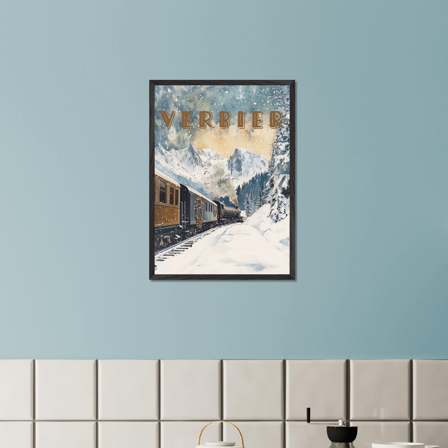 This enchanting winter poster showcases a vintage steam train winding through the snow-covered landscapes of Verbier. The train, adorned with festive wreaths, travels against a backdrop of majestic alpine peaks, tall evergreen trees, and a serene winter sky with softly falling snowflakes. The golden light filtering through the clouds adds a warm, nostalgic glow to the scene, evoking the magic of winter travel.