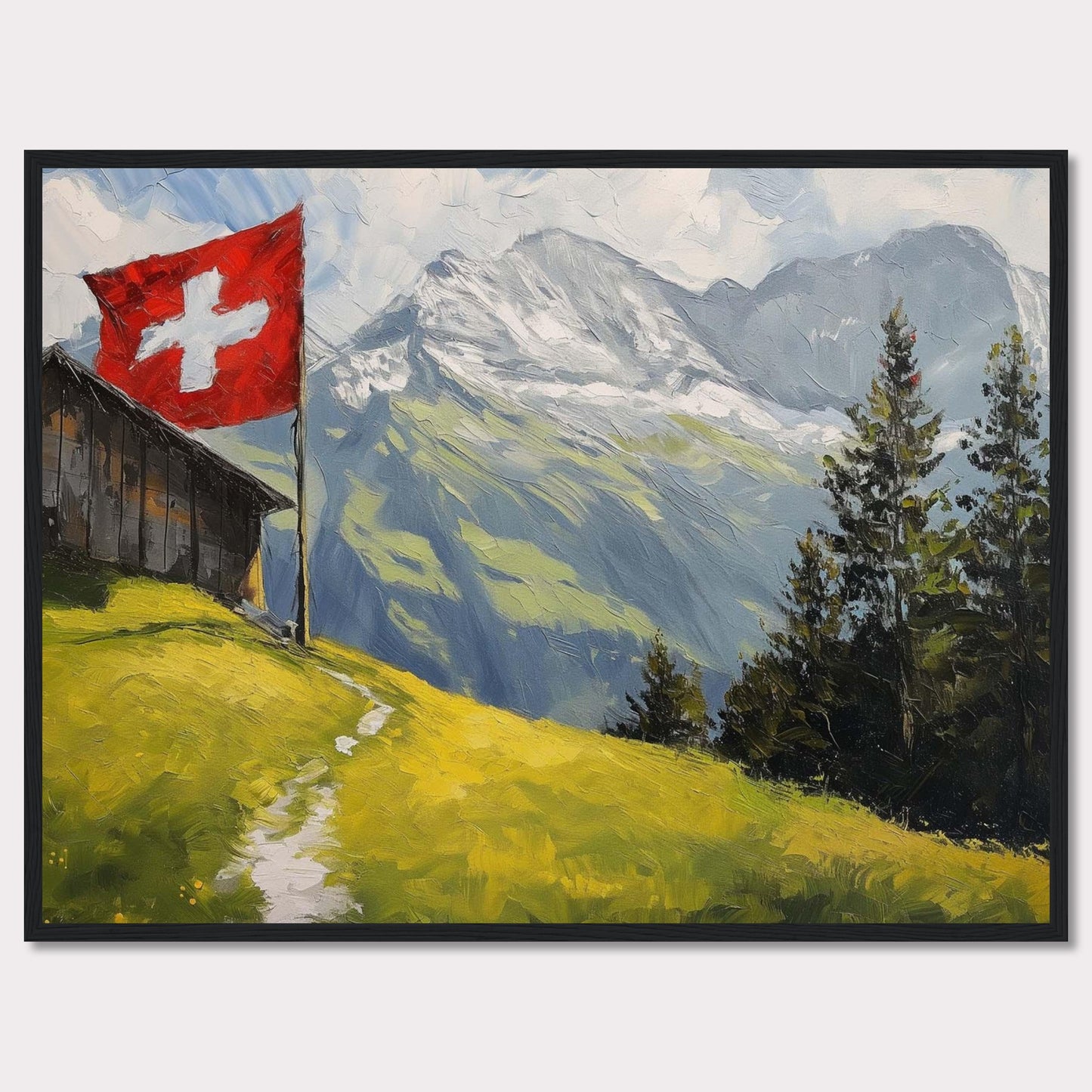 This stunning painting captures the serene beauty of a Swiss alpine landscape. A quaint wooden cabin is perched on a lush green hillside, with a vibrant Swiss flag fluttering proudly beside it. Majestic snow-capped mountains rise in the background, contrasting beautifully with the verdant foreground. Tall evergreen trees add depth and texture to the scene.