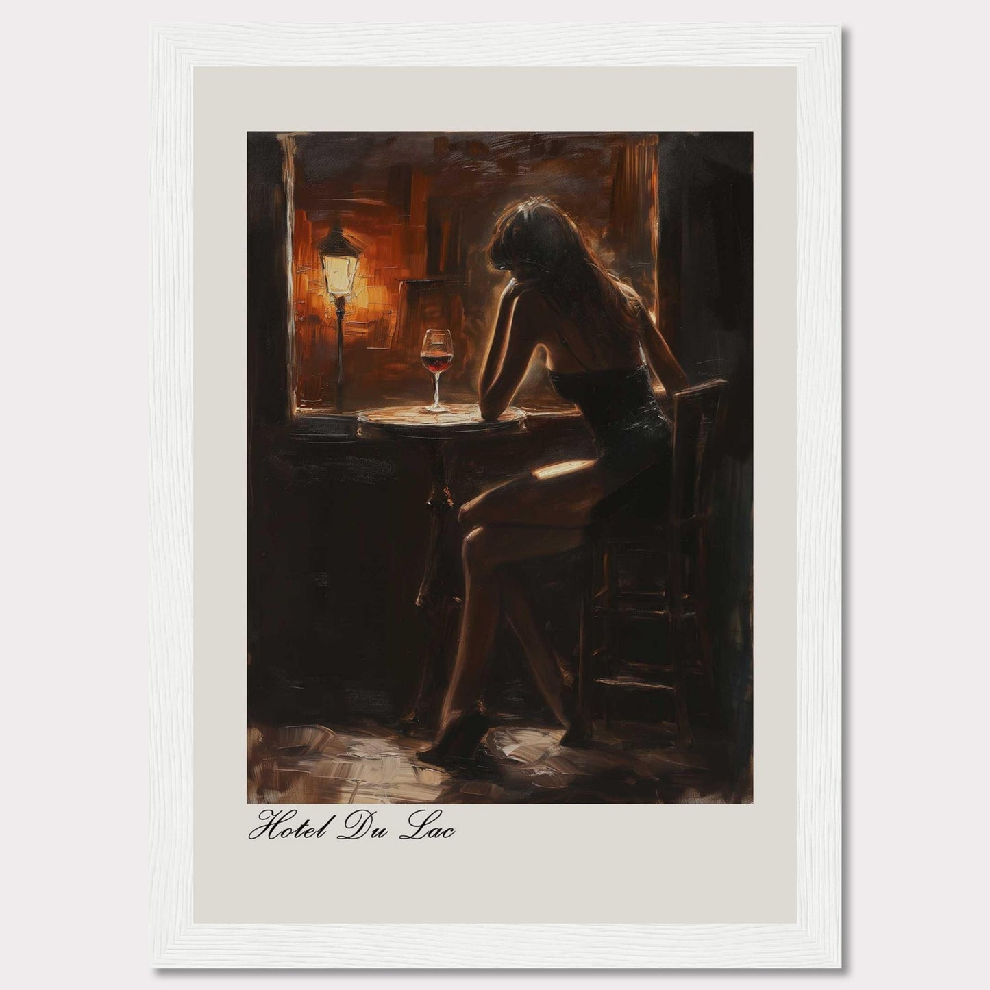 This evocative artwork captures a solitary moment in a dimly lit bar. A woman sits contemplatively at a small round table, illuminated by the warm glow of a nearby lamp. A glass of red wine rests on the table, adding to the intimate and reflective atmosphere. The painting is titled "Hotel Du Lac," suggesting a scene filled with stories and emotions.