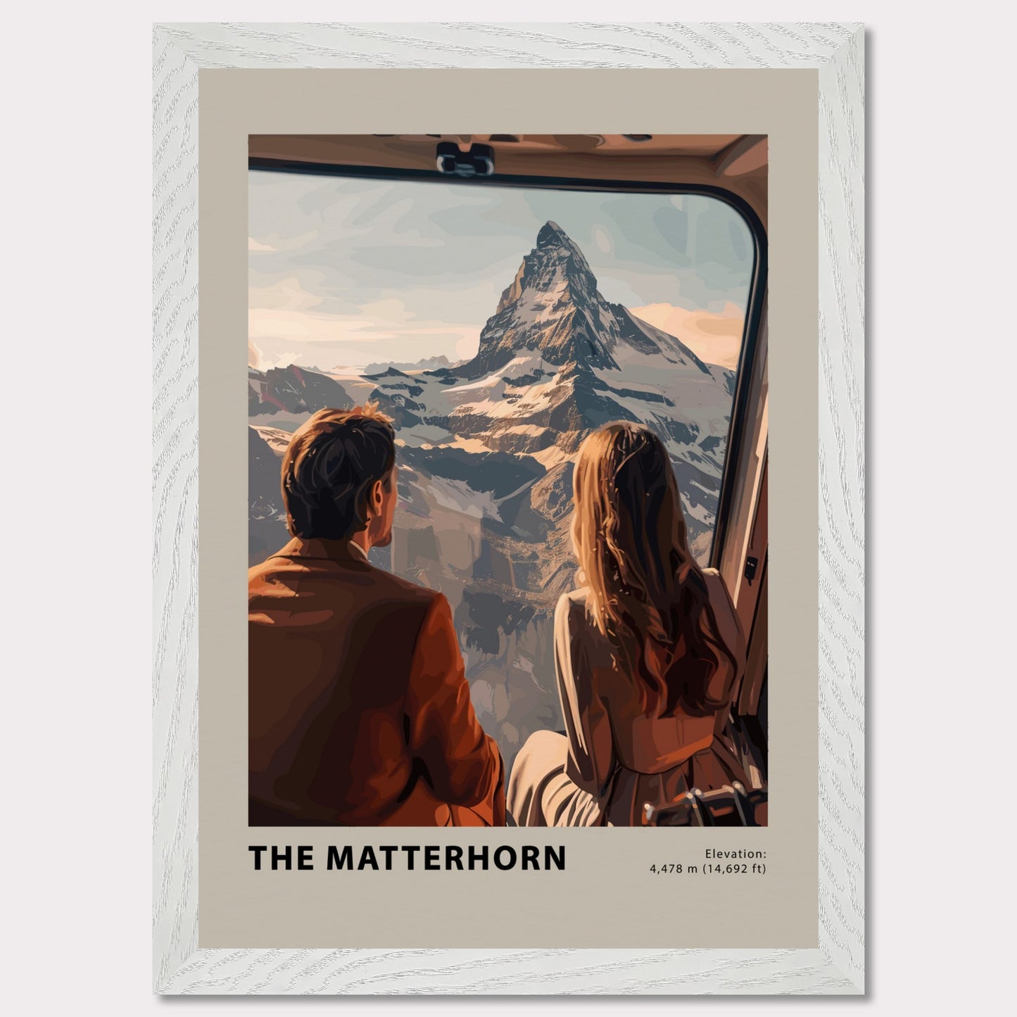 This image showcases a stunning view of the Matterhorn, with two individuals gazing at the majestic mountain from a window. The scene captures the awe-inspiring beauty of the snow-capped peak under a serene sky.