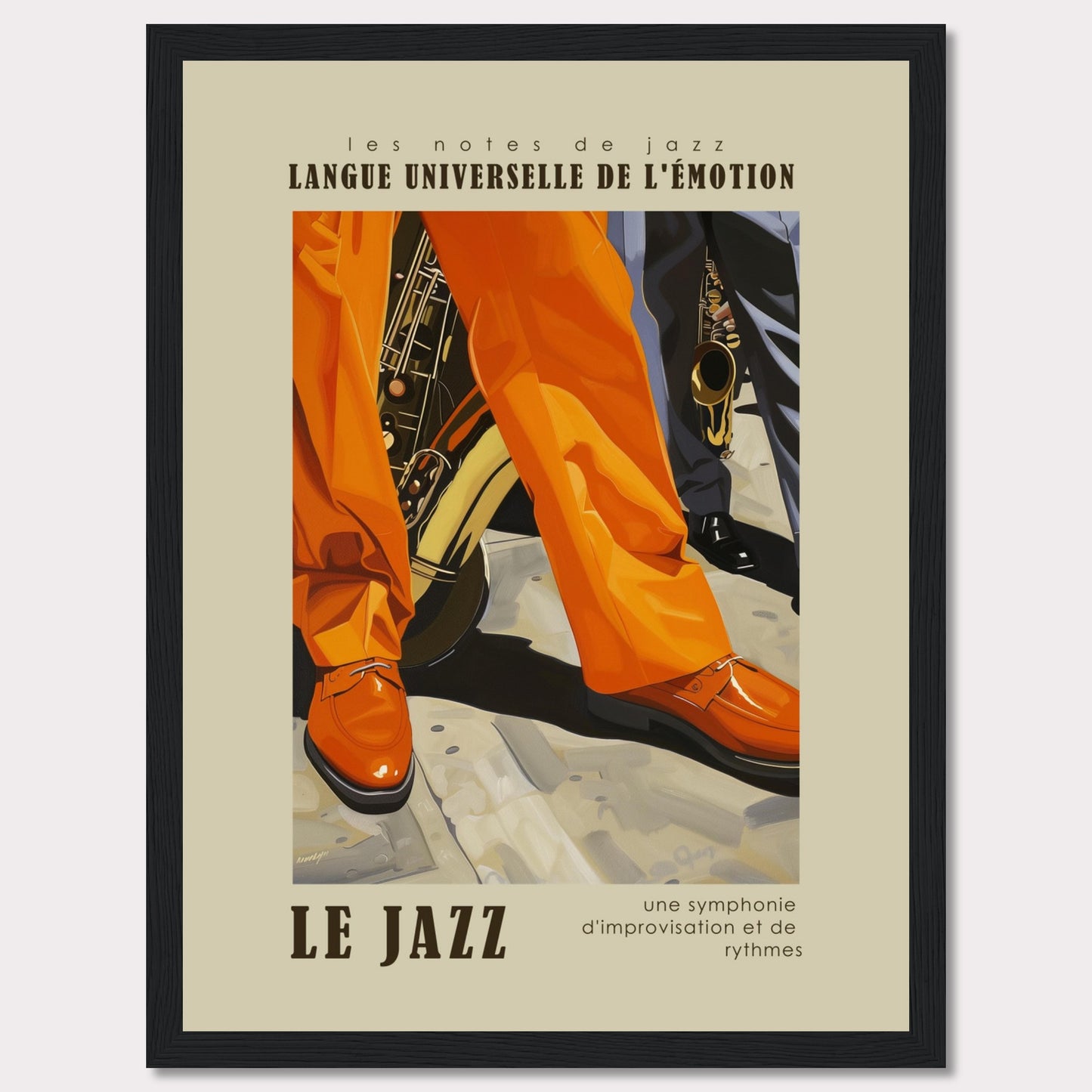 This vibrant poster captures the essence of jazz with its bold colors and dynamic imagery. The scene focuses on the legs and shoes of musicians, emphasizing their lively movements. Brass instruments peek from behind, hinting at the soulful music being played. The text reads "LANGUE UNIVERSELLE DE L'ÉMOTION" and "LE JAZZ," highlighting jazz as a universal language of emotion. The tagline, "une symphonie d'improvisation et de rythmes," describes jazz as a symphony of improvisation and rhythms.