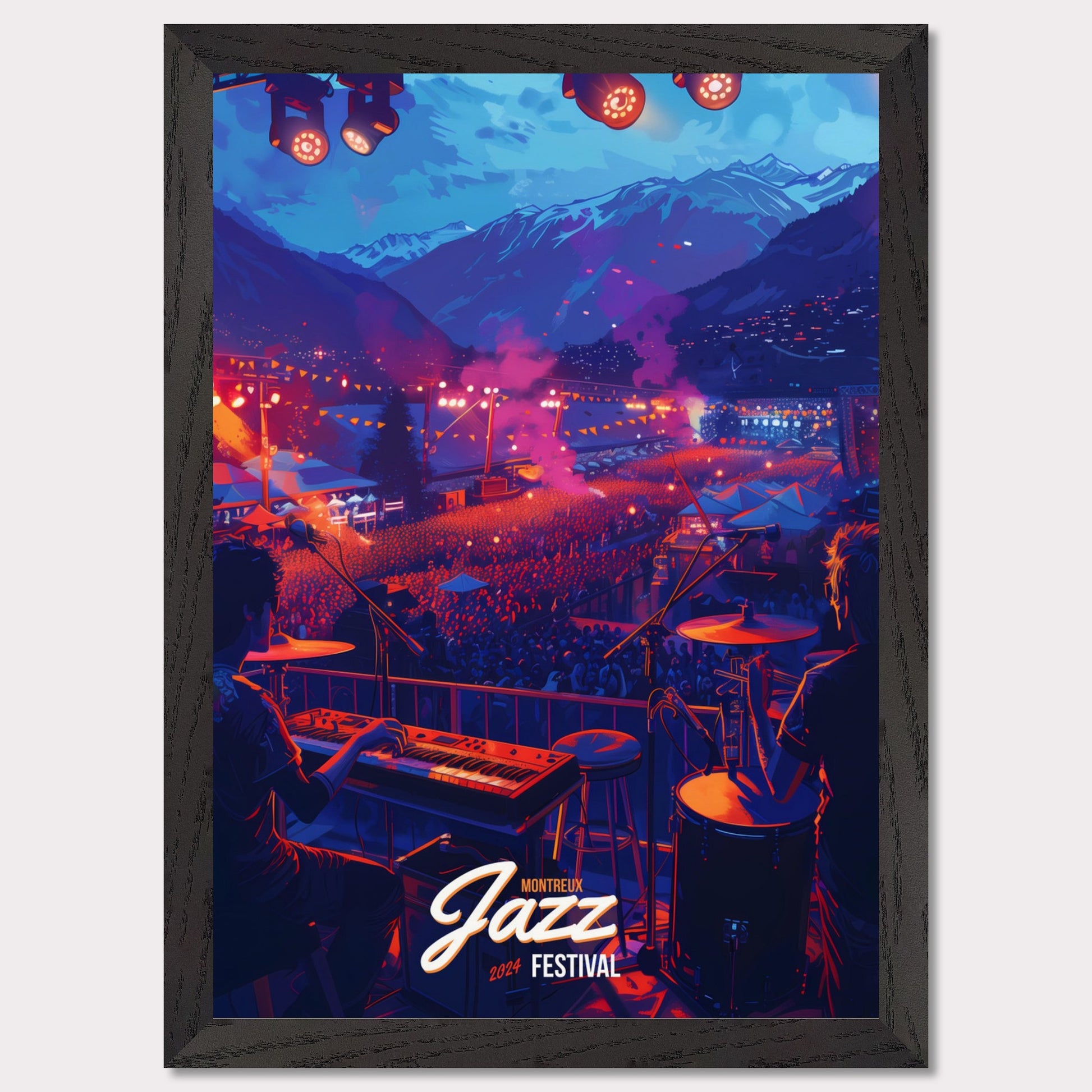 Experience the magic of the Montreux Jazz Festival 2024! This vibrant poster captures the essence of a live performance with a stunning mountain backdrop, colorful stage lights, and an enthusiastic crowd. Feel the rhythm, join the celebration, and be part of this unforgettable musical journey!