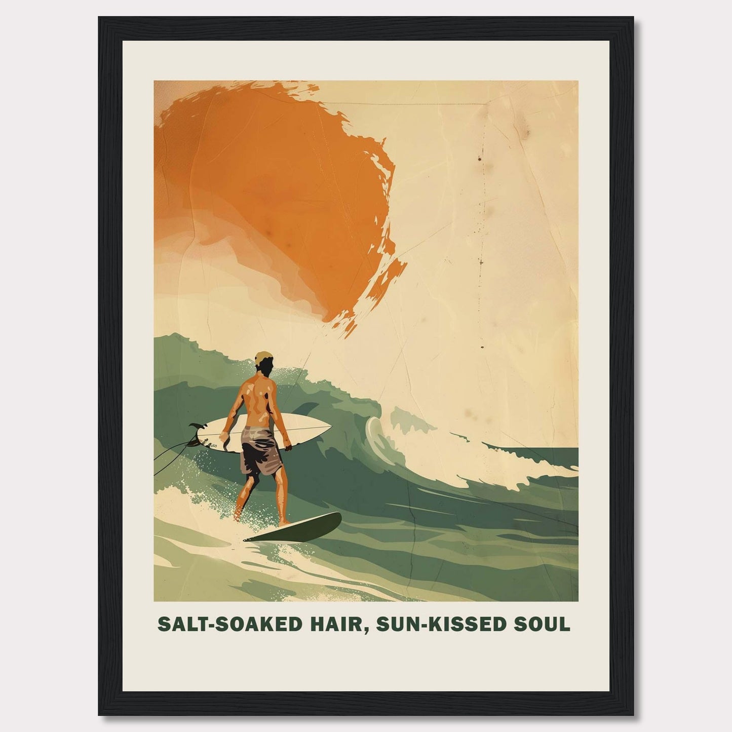 This vibrant poster showcases a surfer riding a wave with the sun setting in the background. 