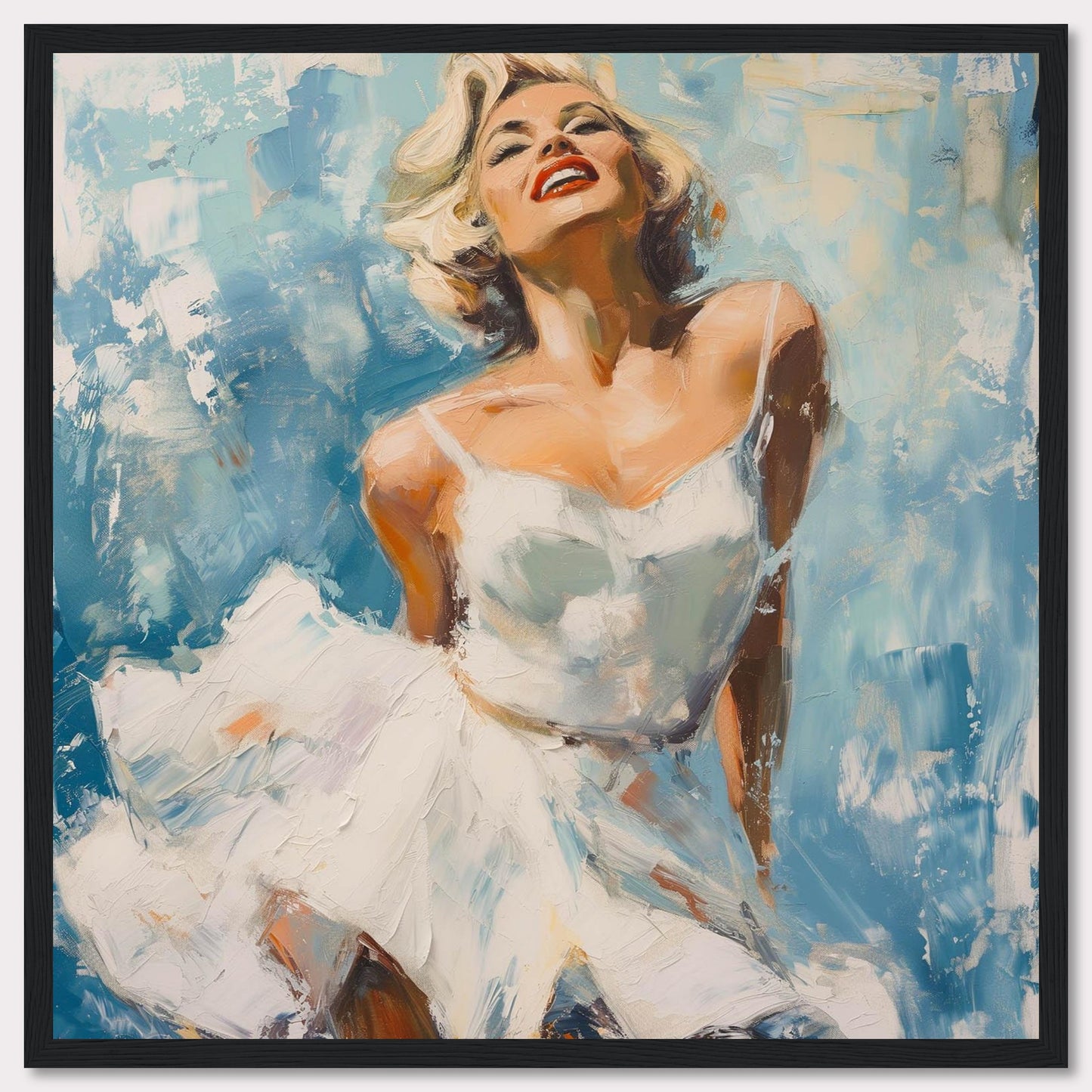 This vibrant painting captures the essence of joy and elegance, featuring a woman in a flowing white dress against a dynamic blue background. The bold brushstrokes and vivid colors evoke a sense of movement and freedom.