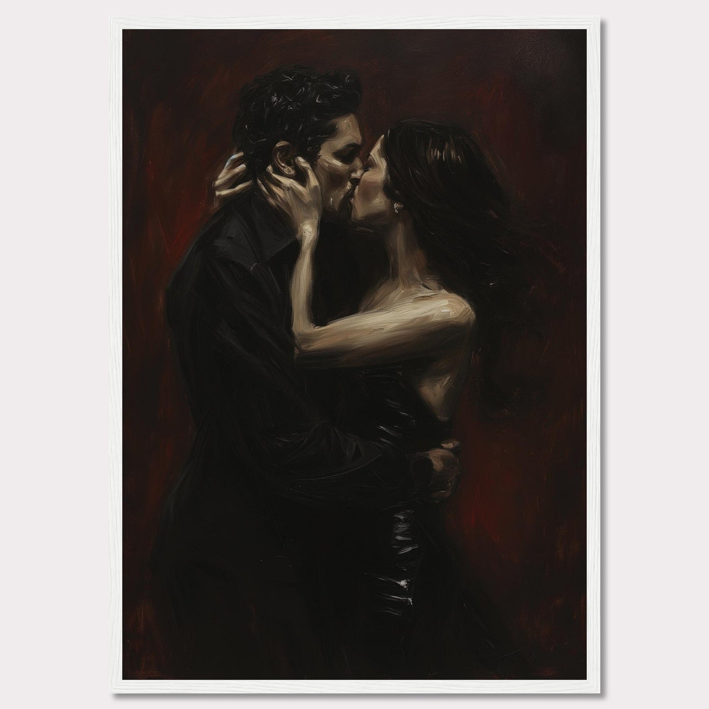 This evocative painting captures an intimate moment of a passionate kiss between two lovers. The dark, rich tones create a dramatic and romantic atmosphere.