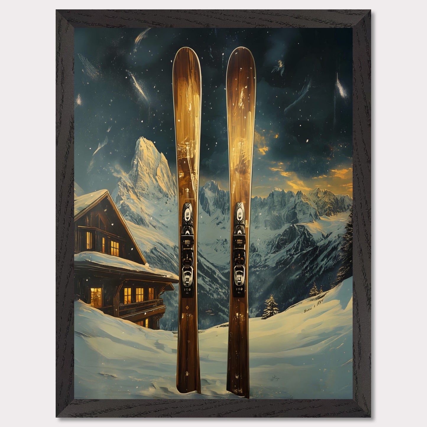 This dynamic poster showcases the exhilaration of a high-speed skiing adventure. Featuring a skier soaring off a powdery jump with a stunning panoramic view of rugged mountain ranges, it encapsulates the spirit of daring exploration and freedom. The vibrant energy of the scene is infectious.