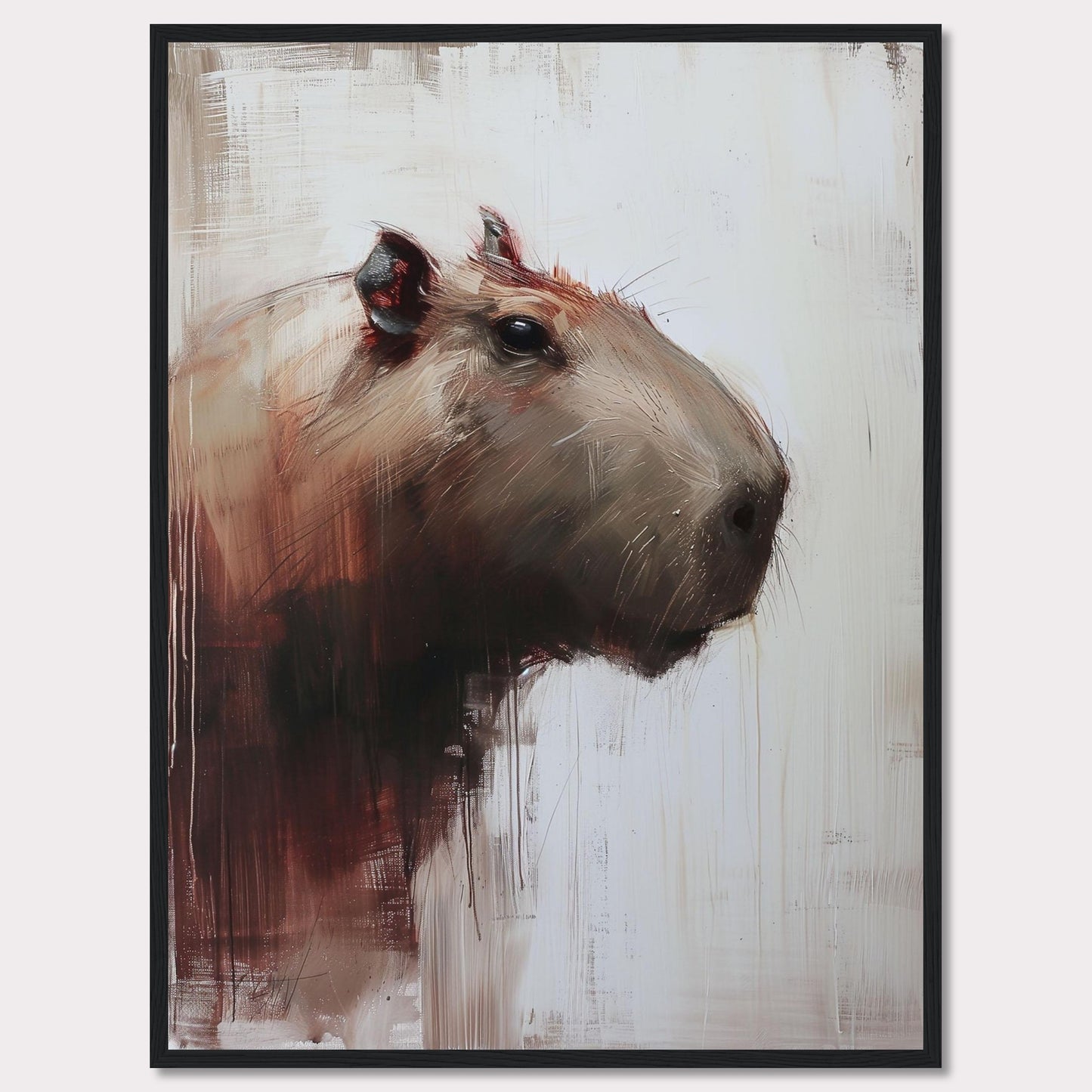 This image showcases a striking painting of a capybara, rendered in a modern, abstract style. The artwork features bold brush strokes and a muted color palette, with the capybara's head turned slightly to the side.