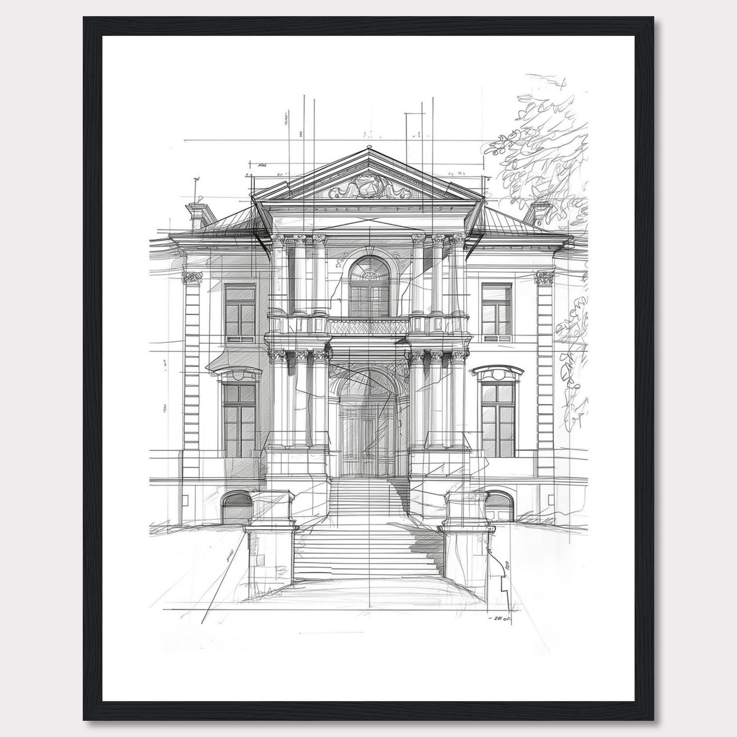 This image showcases an architectural sketch of a grand, classical building. The detailed drawing highlights the intricate design and majestic structure of the edifice.