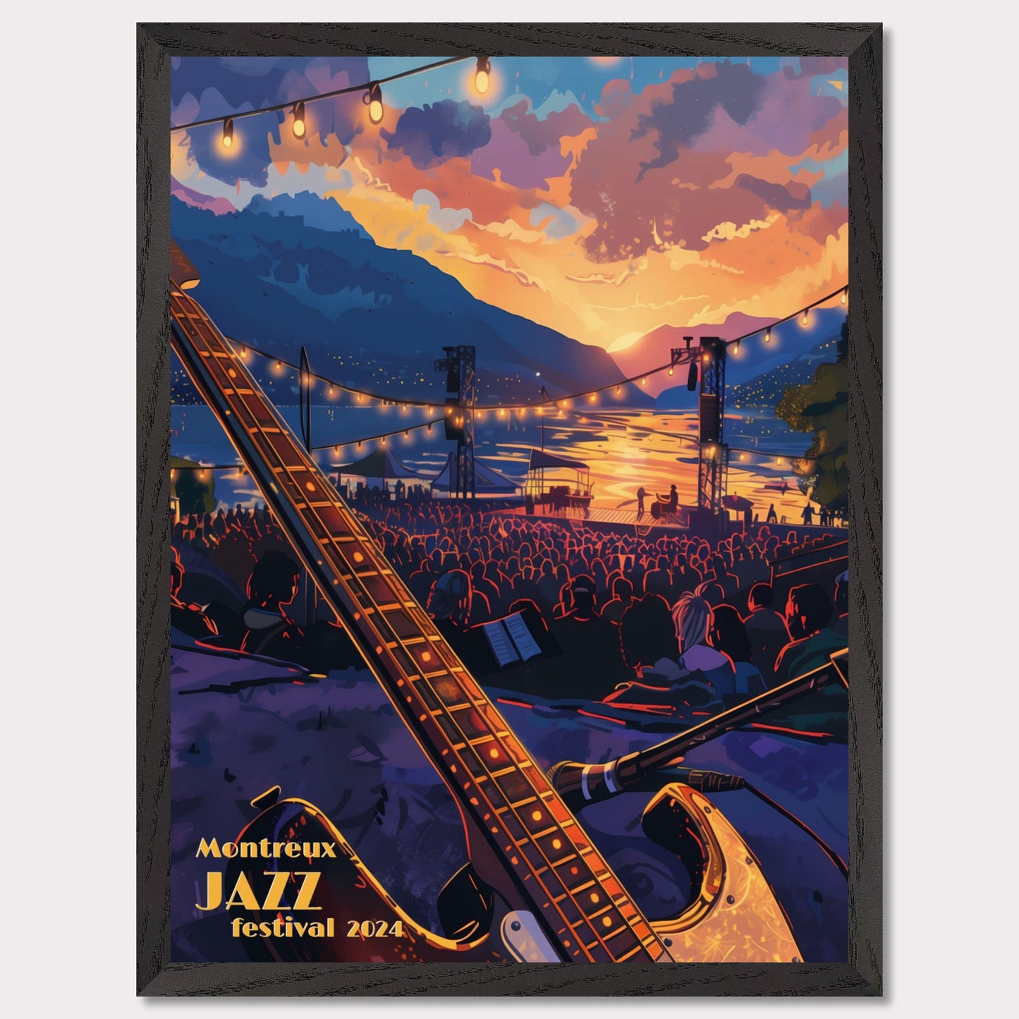 This vibrant poster captures the essence of the Montreux Jazz Festival 2024. Set against a breathtaking sunset over a serene lake, the scene is filled with an audience eagerly awaiting the performance. An electric guitar in the foreground hints at the musical magic to come, while string lights add a festive ambiance.