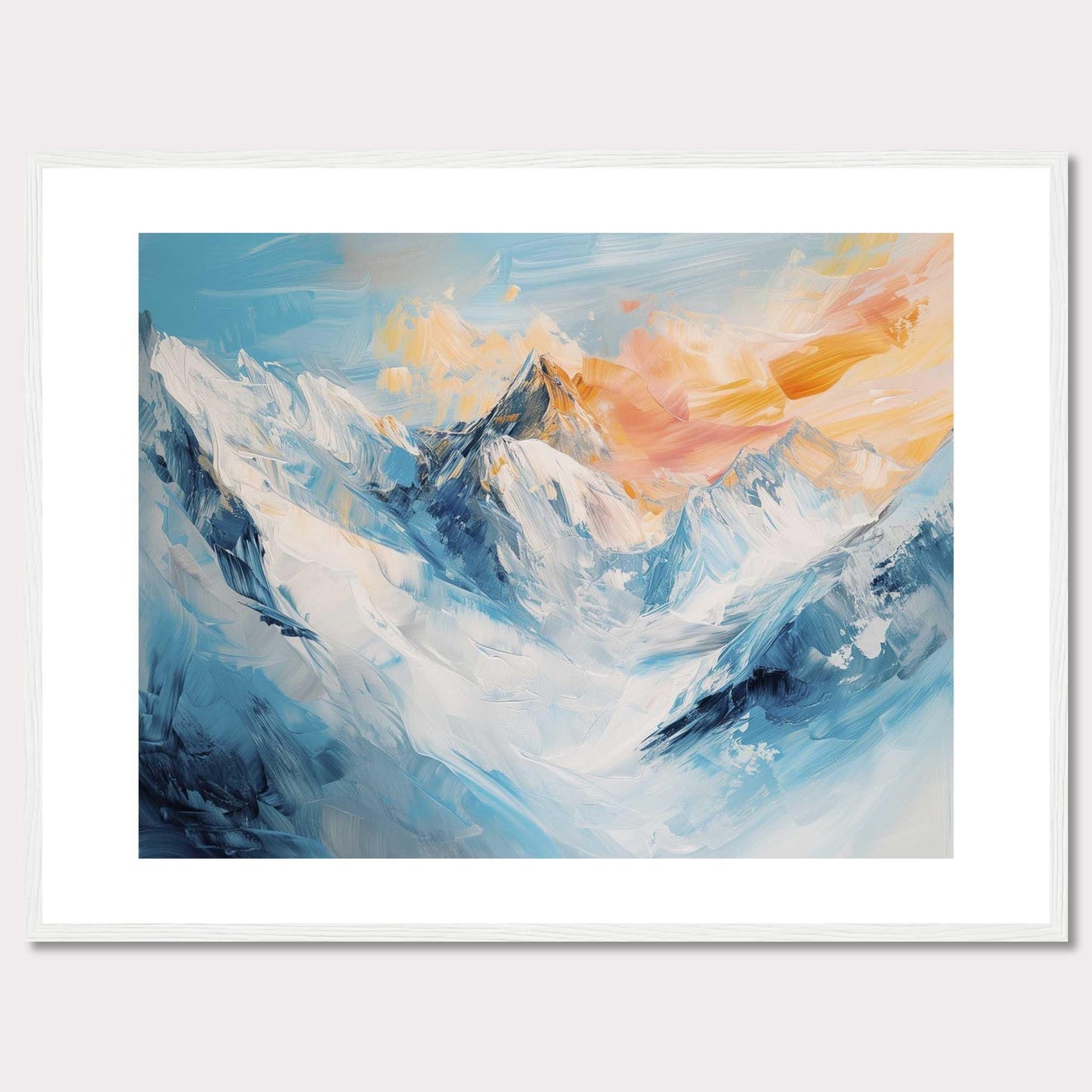 This image showcases a stunning painting of a mountain landscape, capturing the serene beauty of snow-covered peaks bathed in the warm hues of a setting sun.