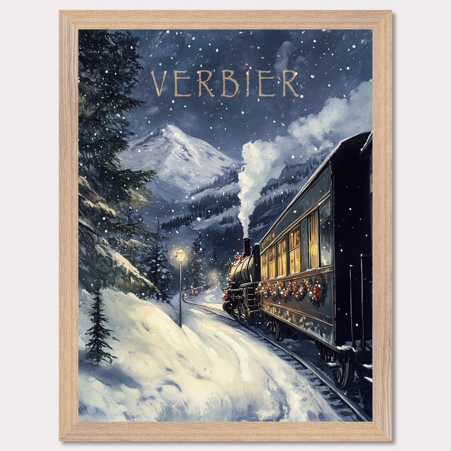 This charming, vintage-inspired poster transports you to a winter wonderland in Verbier, as a steam train adorned with festive decorations winds its way through a snowy mountain landscape. The warm glow from the train’s windows contrasts beautifully with the cool, snowy surroundings, creating a nostalgic and inviting atmosphere. The gentle snowfall and the towering mountain peaks in the background complete the serene yet adventurous feel of this picturesque winter journey.