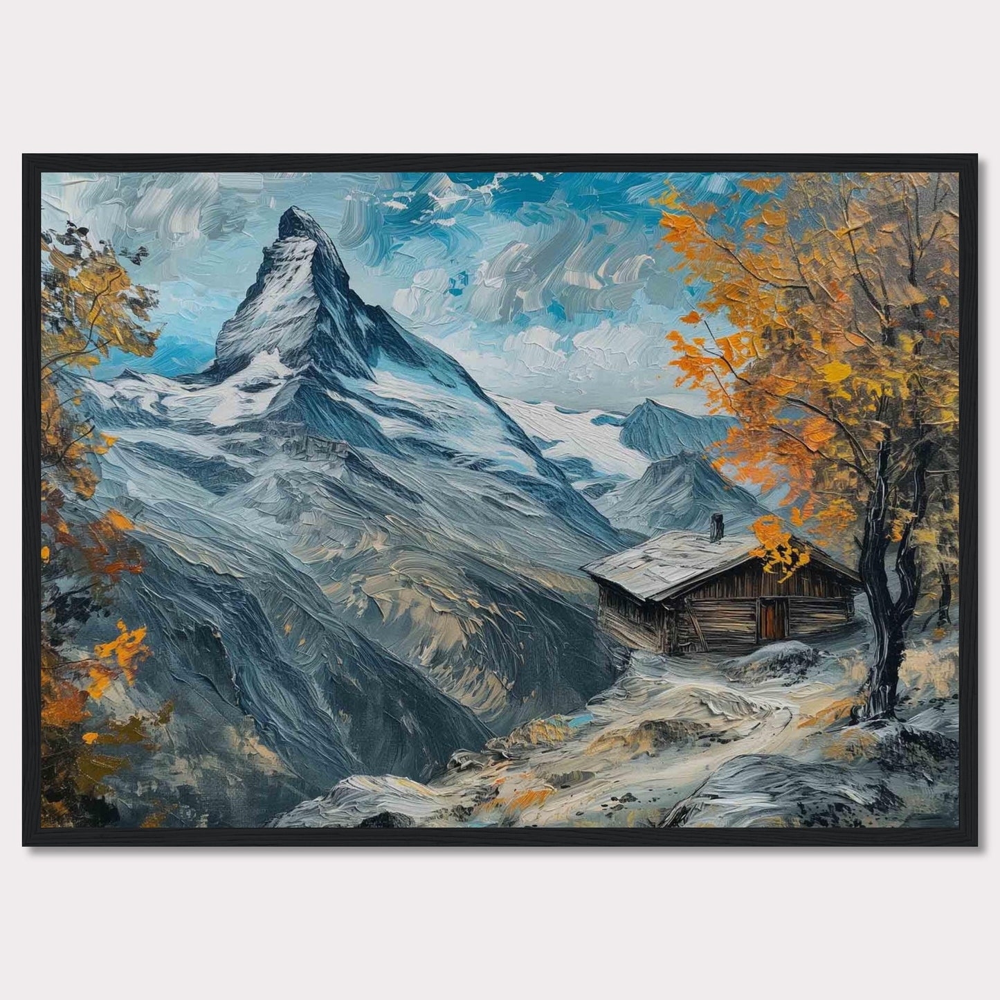 This stunning painting captures a serene mountain landscape with a quaint cabin nestled among the snow-covered peaks. The vibrant autumn foliage adds a splash of color against the majestic backdrop of towering mountains and a clear blue sky.