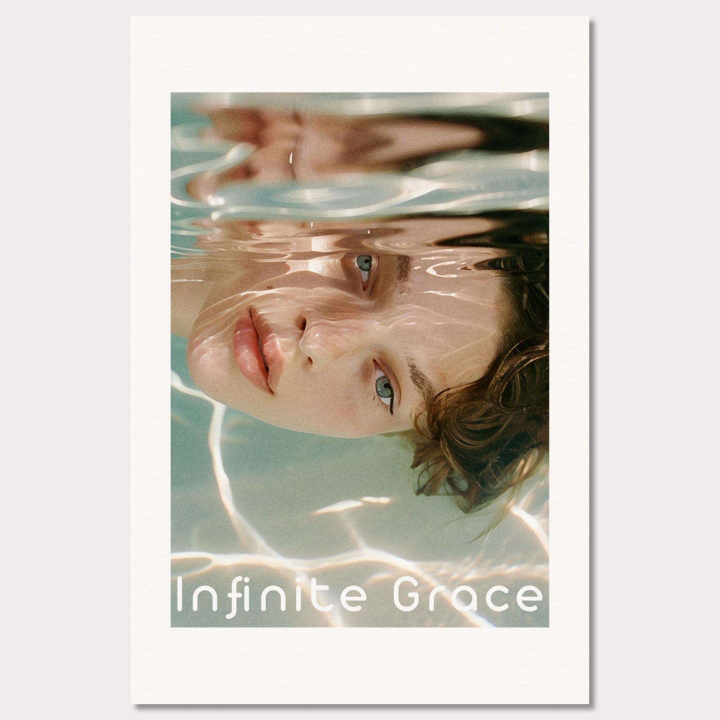 This is an illustration of a person's face partially submerged in water, creating a reflective and serene effect. The text "Infinite Grace" is displayed at the bottom of the image.

Where will this poster fit: This poster would fit well in a modern living room, a bedroom, or a creative studio space.