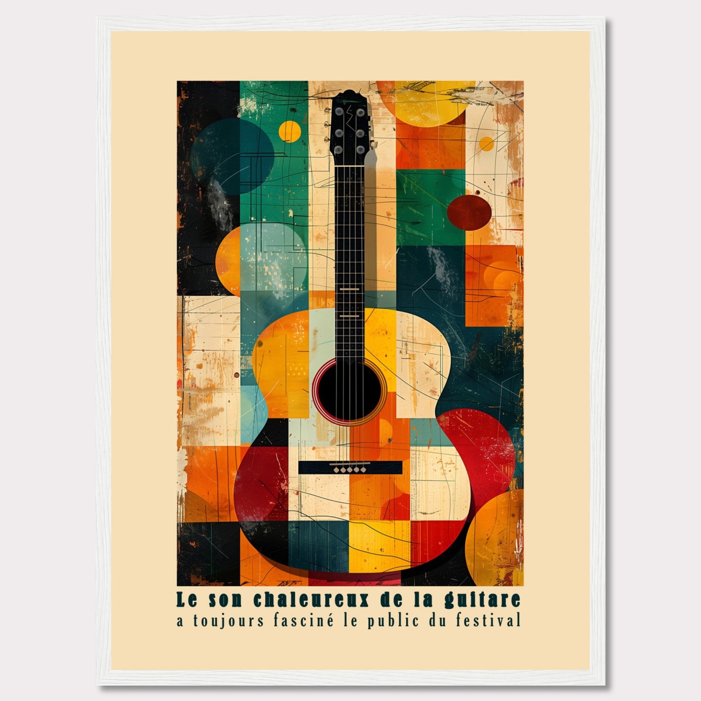 This vibrant artwork features an abstract depiction of an acoustic guitar, blending geometric shapes and bold colors. The French text at the bottom reads, "Le son chaleureux de la guitare a toujours fasciné le public du festival," which translates to "The warm sound of the guitar has always fascinated the festival audience."