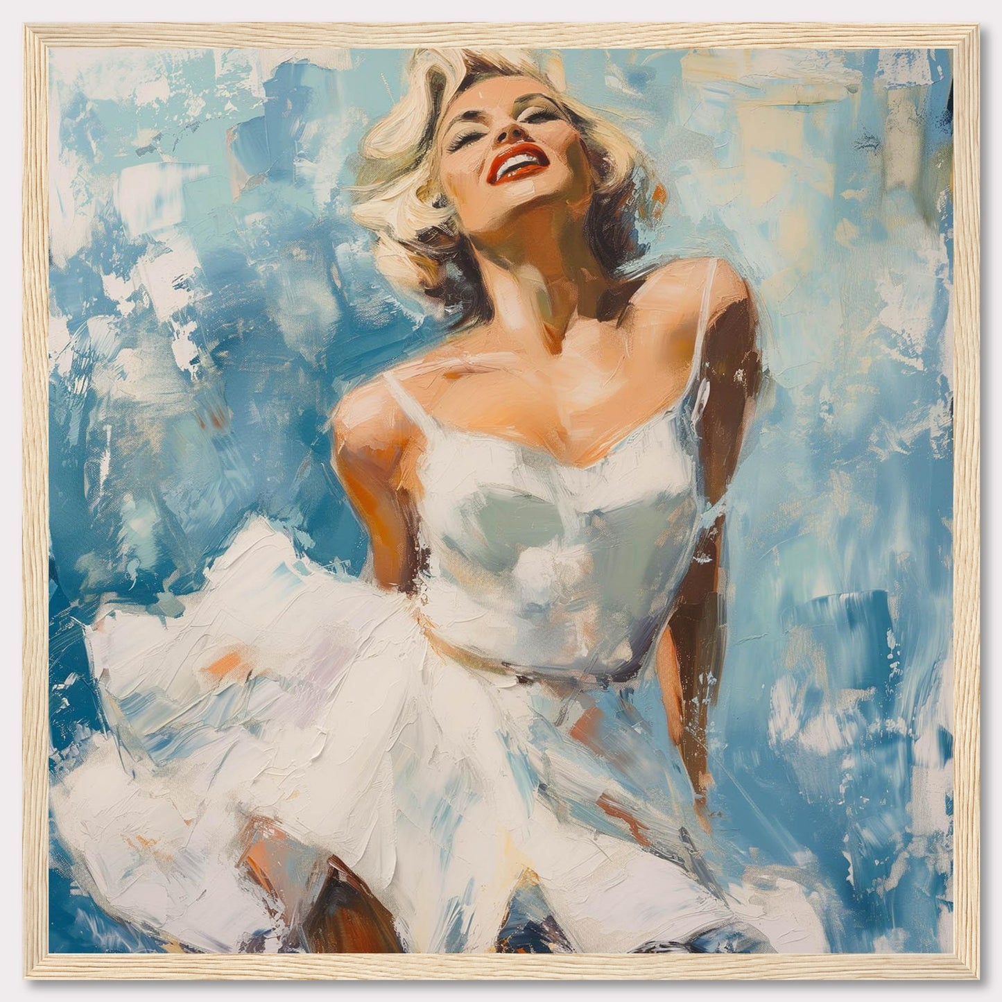 This vibrant painting captures the essence of joy and elegance, featuring a woman in a flowing white dress against a dynamic blue background. The bold brushstrokes and vivid colors evoke a sense of movement and freedom.