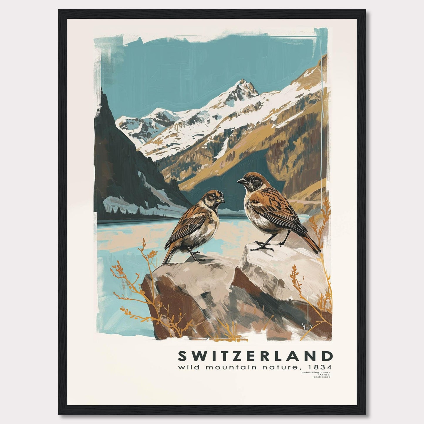 This beautiful illustration captures the serene and majestic nature of Switzerland. Two birds are perched on rocks in the foreground, with a breathtaking backdrop of snow-capped mountains and a tranquil lake.