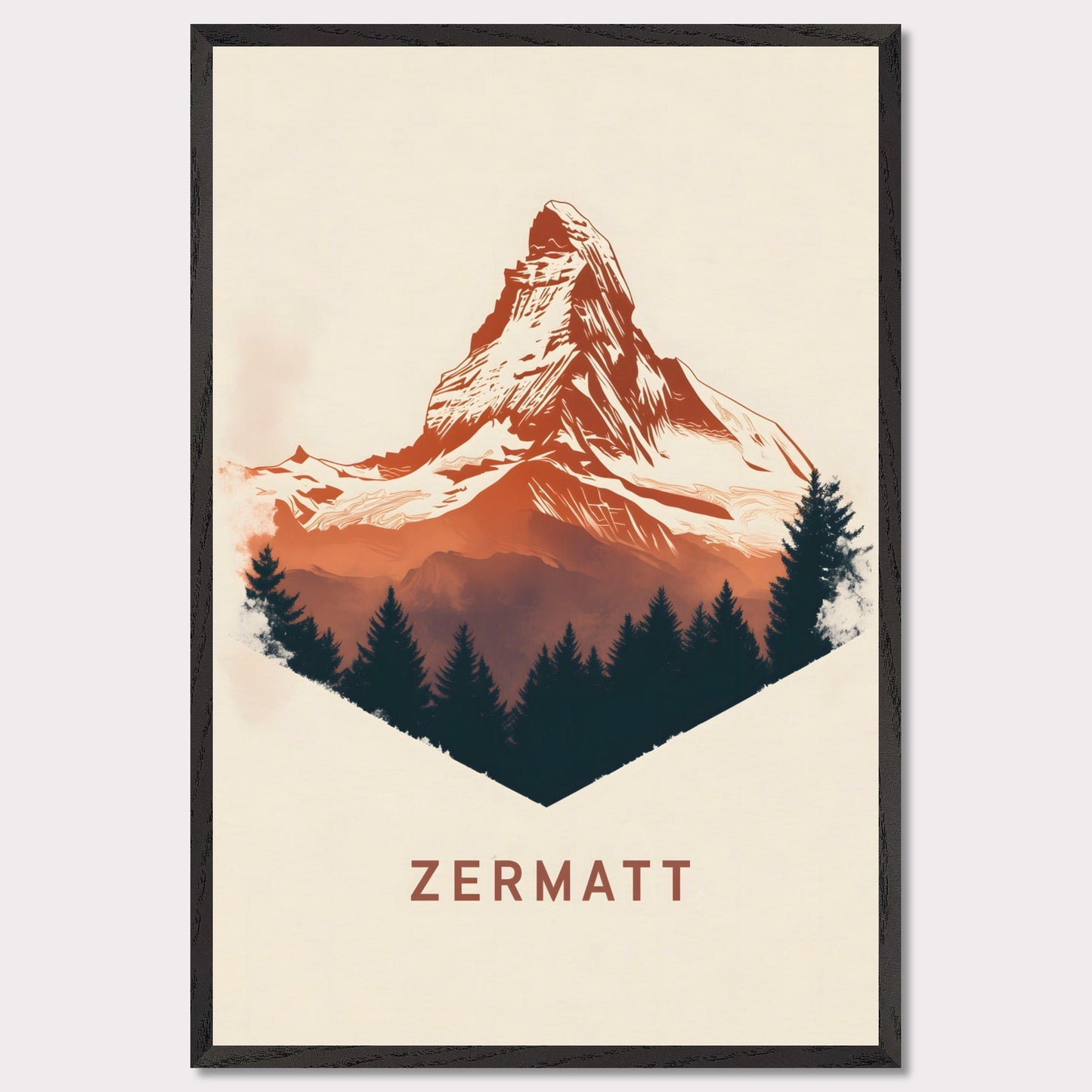 A scenic poster showcasing the breathtaking beauty of Zermatt’s Matterhorn. The rich, painterly textures and natural color palette evoke the serene yet powerful presence of the Alps.