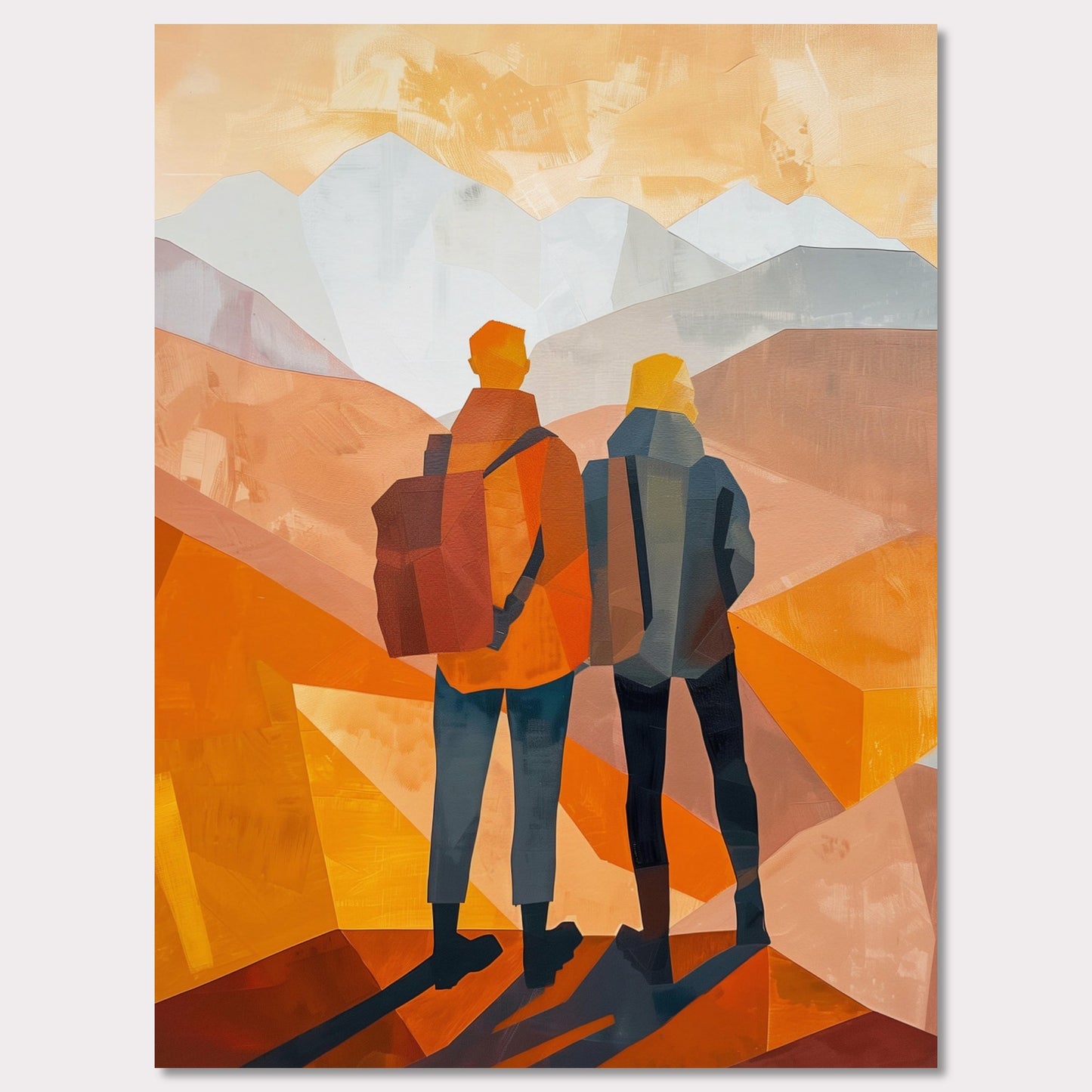 This illustration depicts two figures standing side by side, gazing at a mountainous landscape.