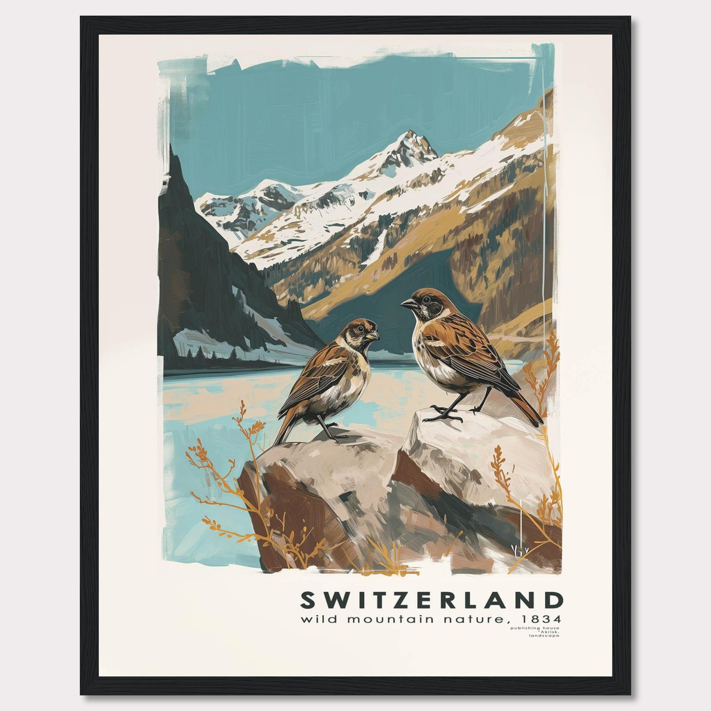 This beautiful illustration captures the serene and majestic nature of Switzerland. Two birds are perched on rocks in the foreground, with a breathtaking backdrop of snow-capped mountains and a tranquil lake.