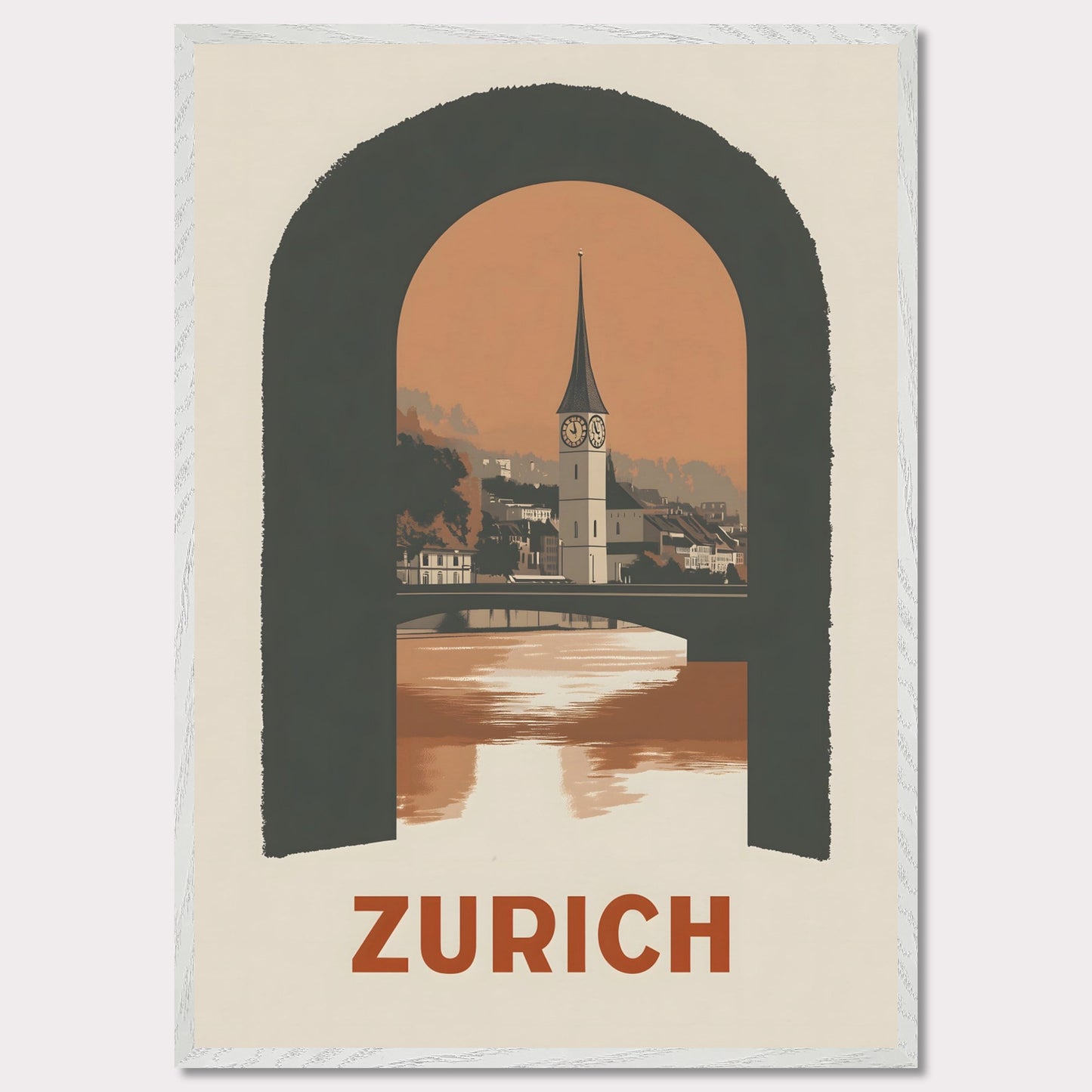 A sophisticated poster featuring Zurich’s historic clock tower, framed through an arched window. The blend of soft tones and bold composition creates a striking visual balance.