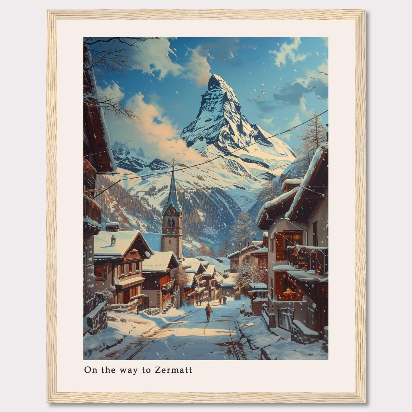 This beautiful artwork captures a serene winter scene on the way to Zermatt, featuring snow-covered rooftops and a majestic mountain in the background.