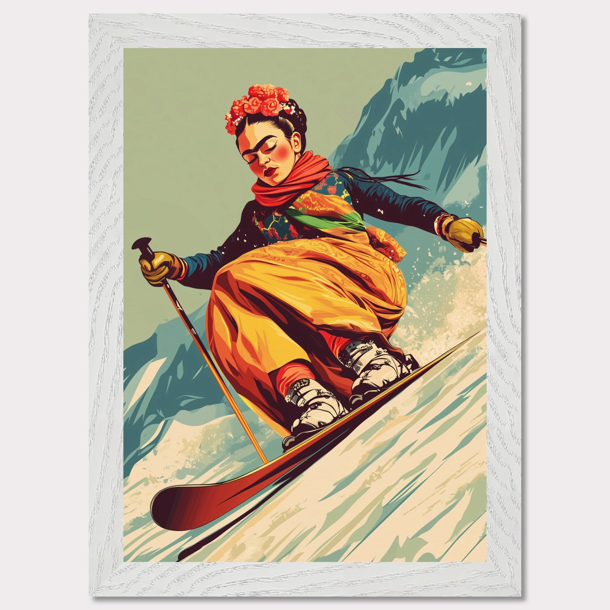 This captivating and artistic poster features Frida Kahlo skiing down a snow-covered slope, embracing both the thrill of winter sports and the vibrancy of her unique style. With a floral crown and colorful attire, Frida brings her creativity and strength to the slopes of the mountains, capturing the harmony between winter adventure and artistic expression. The retro color scheme adds to the vintage charm of the poster, making it a lively and powerful statement piece.