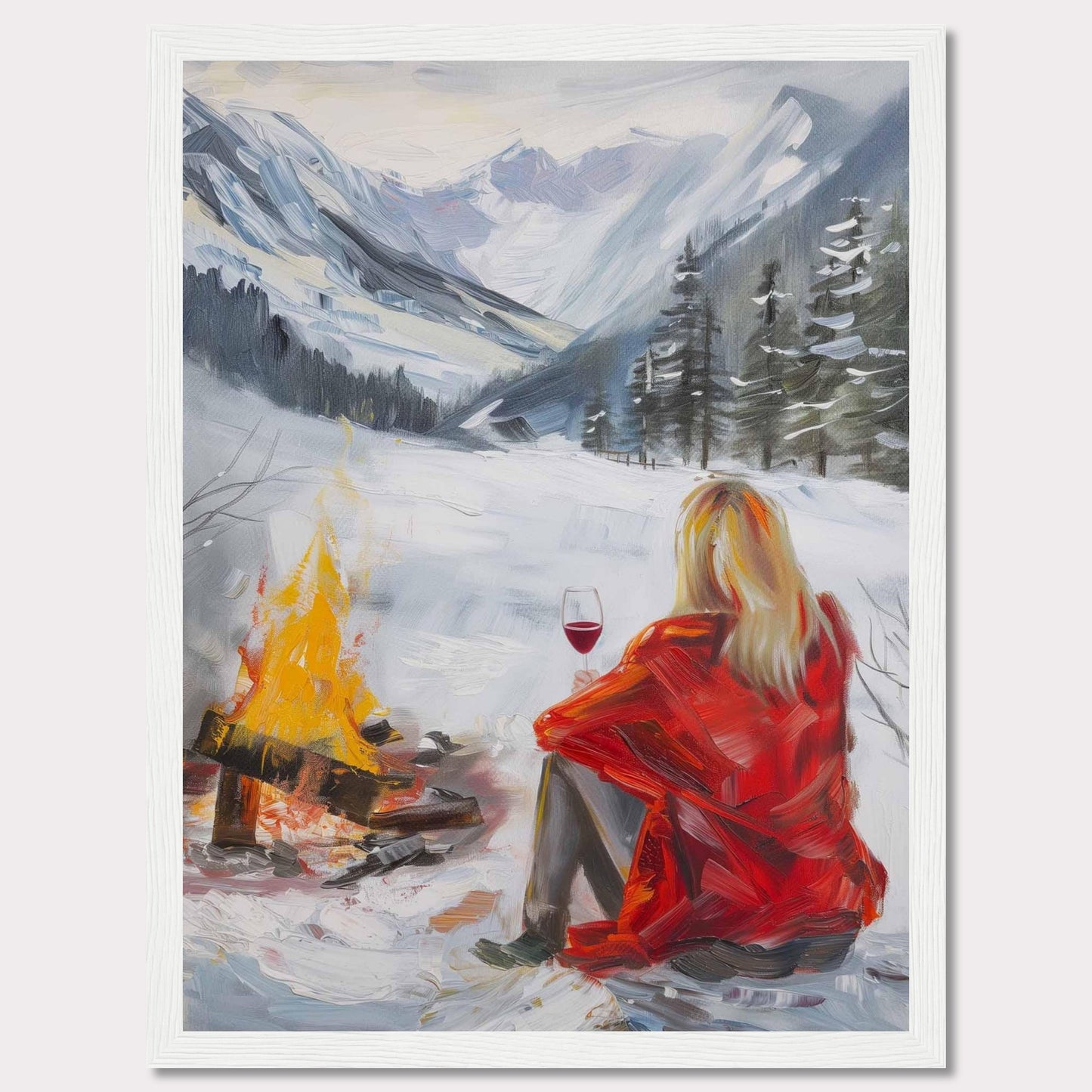 This painting captures a serene winter scene where a person in a red coat sits by a campfire, enjoying a glass of wine amidst a snowy landscape. The backdrop features majestic snow-covered mountains and evergreen trees.