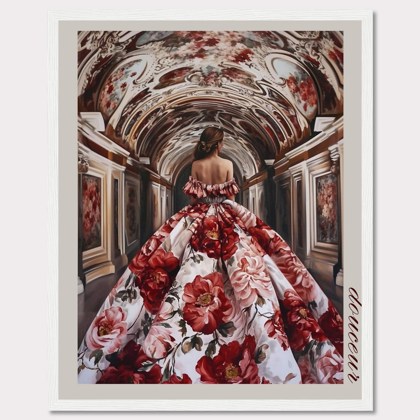 This stunning artwork features a woman in an opulent floral gown walking through an intricately decorated corridor. The scene exudes elegance and grandeur, capturing a moment of timeless beauty.